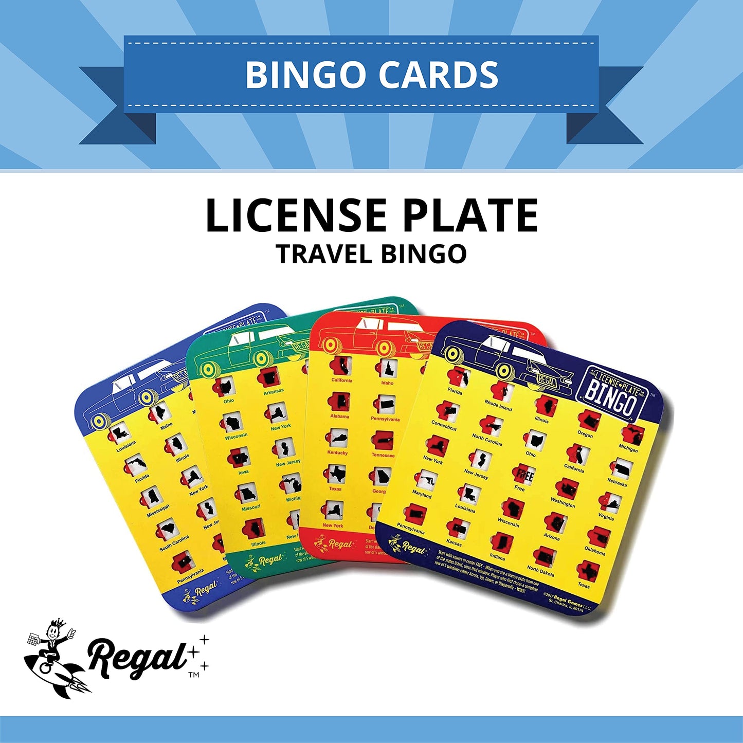 Regal Games Finger-Tip Shutter Bingo Cards – License Plate & Travel Set, 4 Packs (Yellow)
