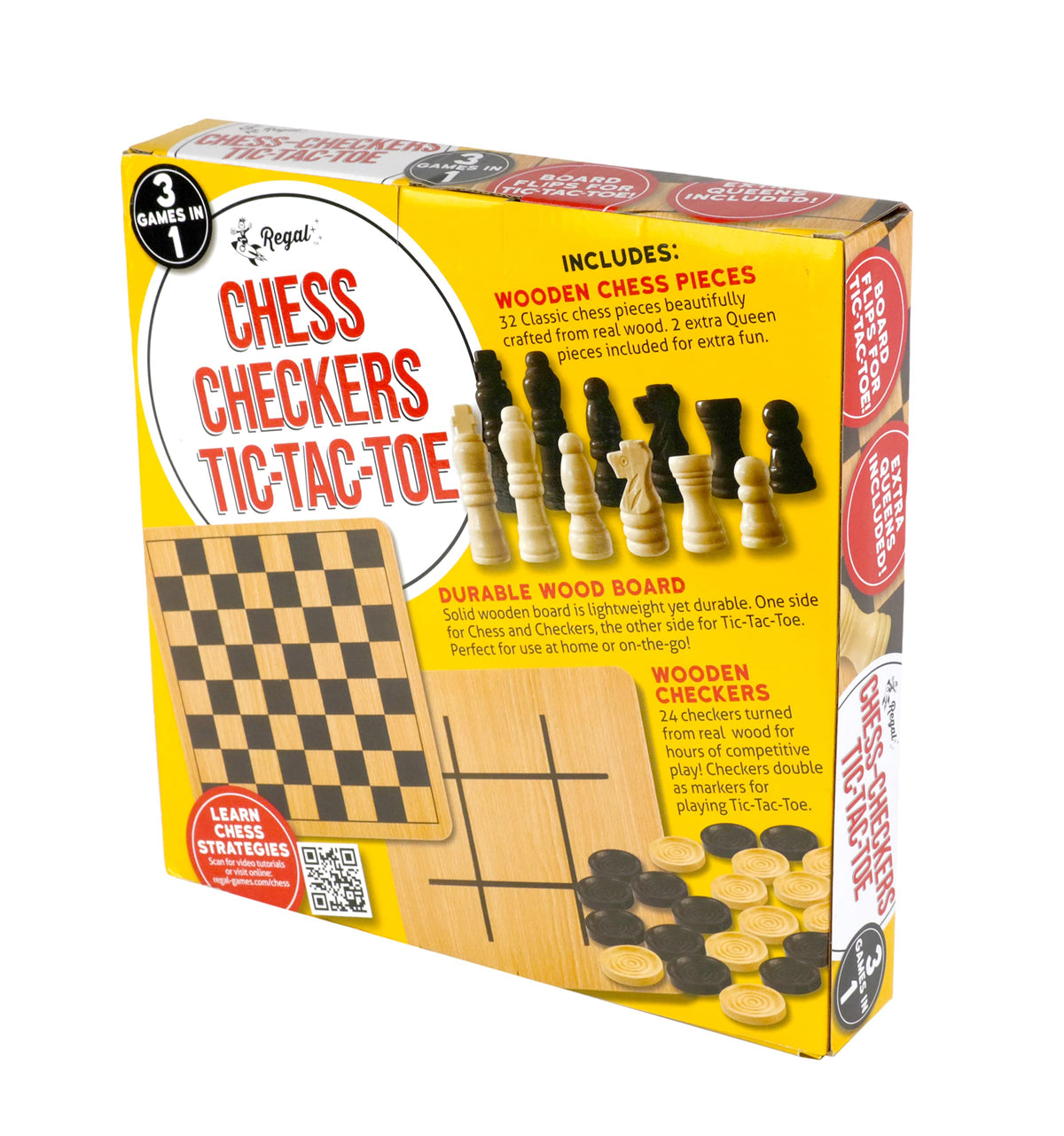 Regal Games Reversible Wooden Board – Chess, Checkers & Tic-Tac-Toe with 24 Checkers and 32 Chess Pieces