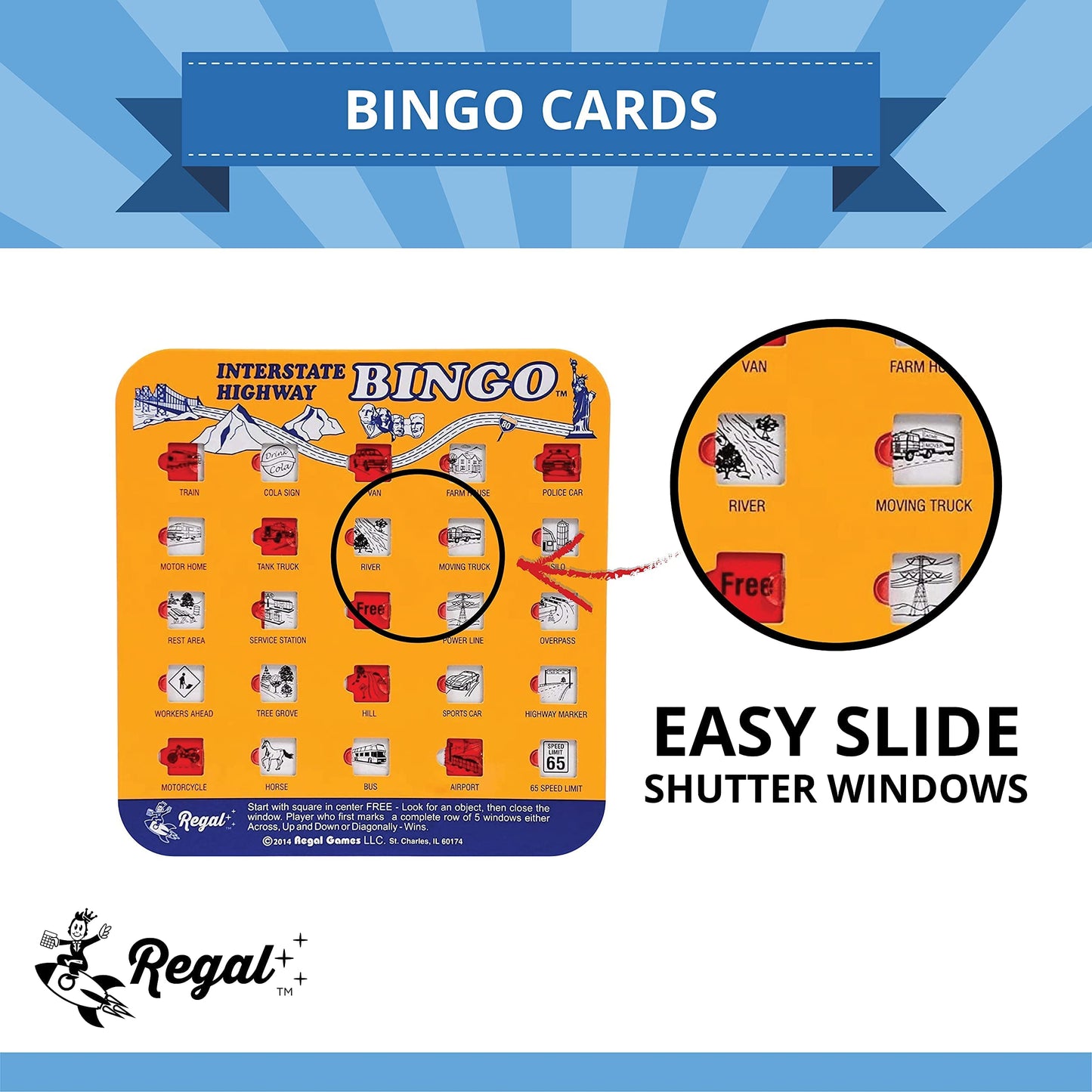 Regal Games Finger-Tip Shutter Bingo Cards with Sliding Windows – Interstate Highway Travel Bingo Set – Orange (4 Packs)