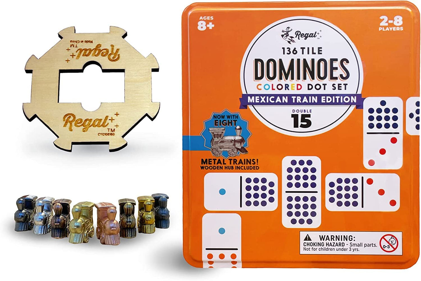 Regal Games Mexican Train Double 15 Dominoes Set – 136 Tiles, 8 Metal Trains, 2-8 Players, Ages 8+