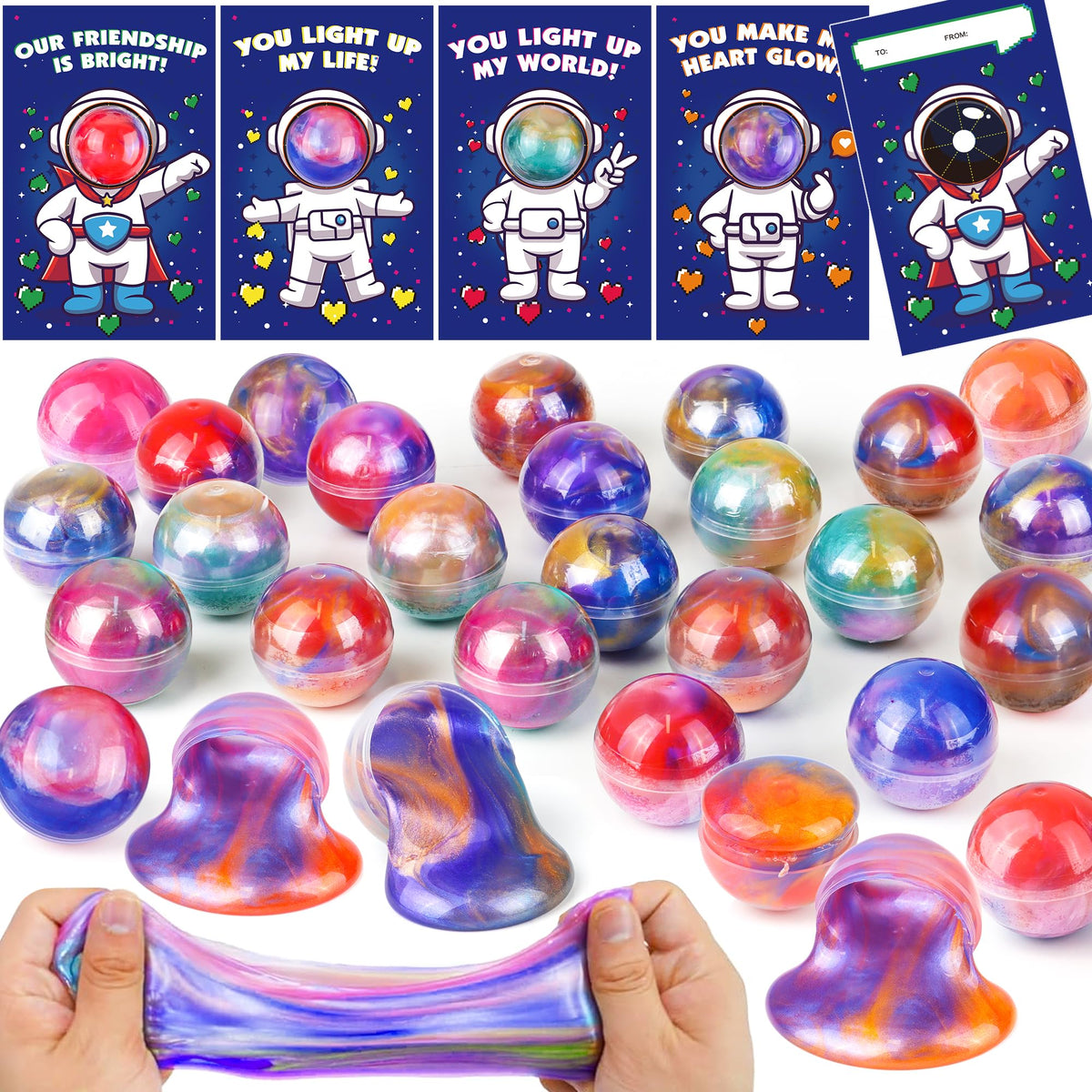 REGTEB 28-Pack Valentines Day Cards with Galaxy Slime for Kids – Classroom Valentines & Party Favors