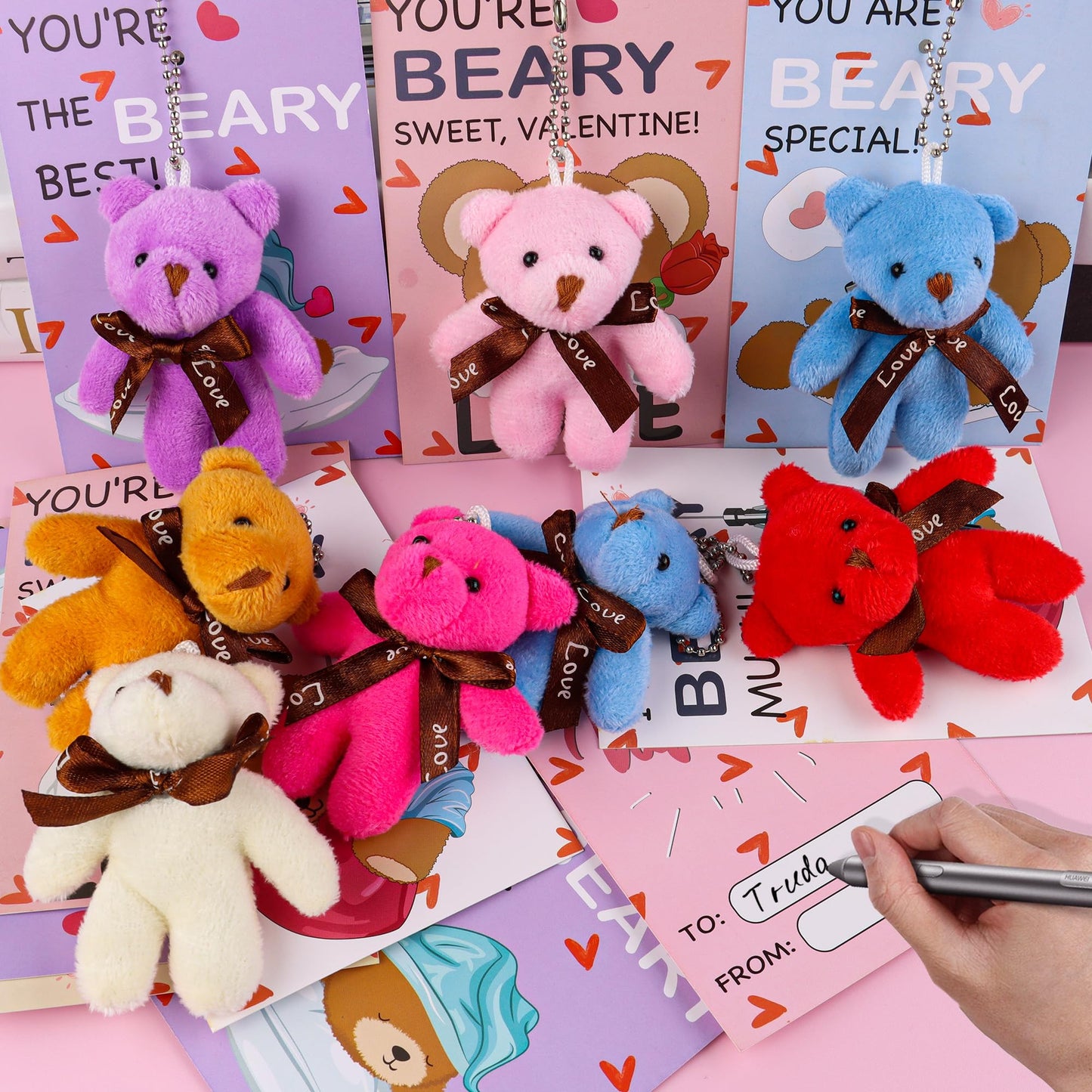 REGTEB 28-Pack Valentine Gifts for Kids – Plush Bear Keychains & Cards for Classroom Valentines Day