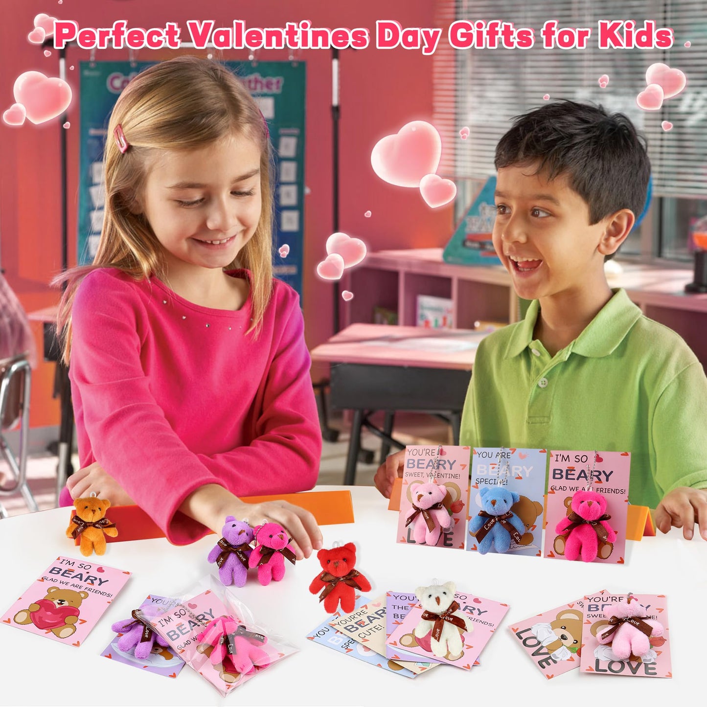 REGTEB 28-Pack Valentine Gifts for Kids – Plush Bear Keychains & Cards for Classroom Valentines Day