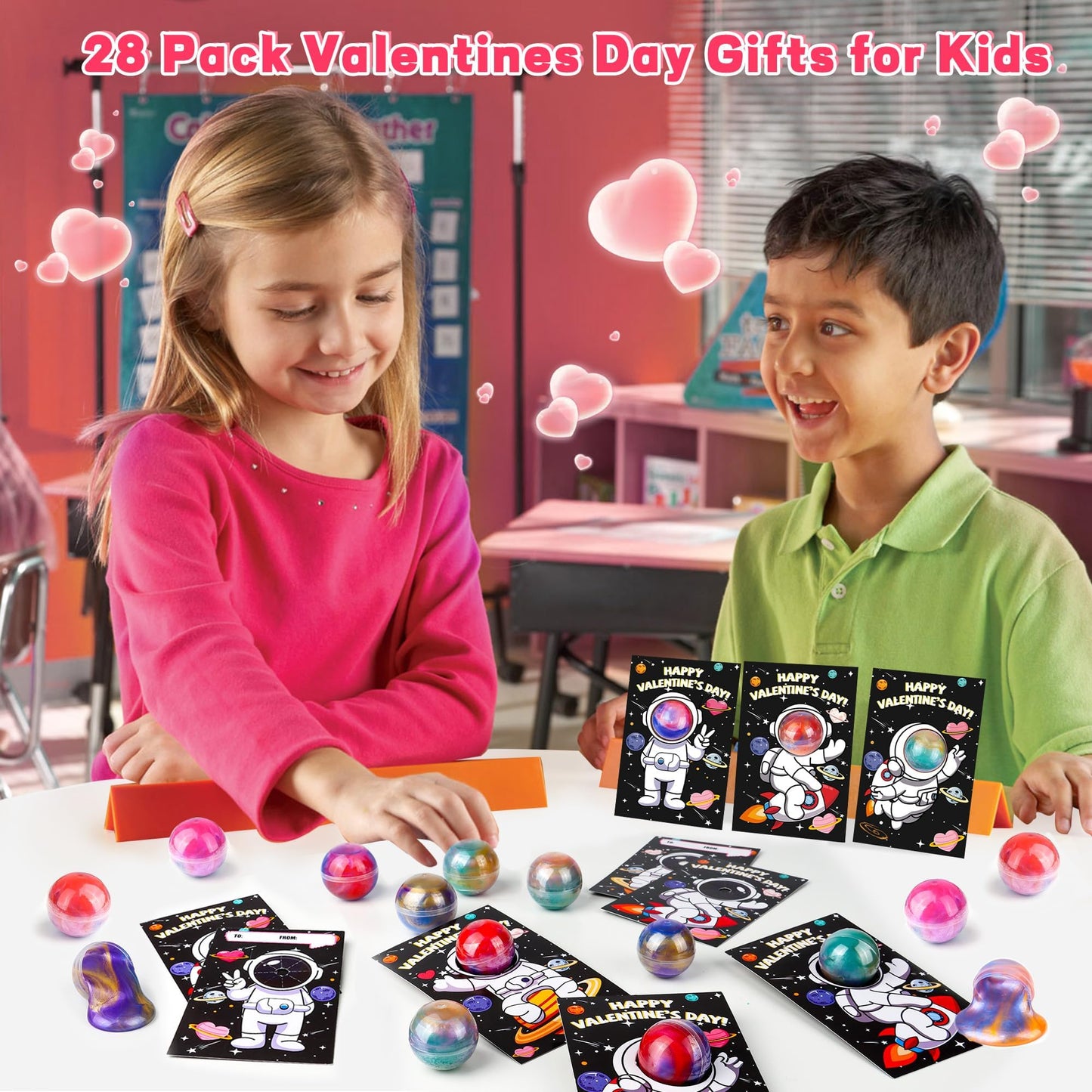 REGTEB 28-Pack Galaxy Slime Ball Valentines Cards for Kids – Classroom Gifts & Party Favors
