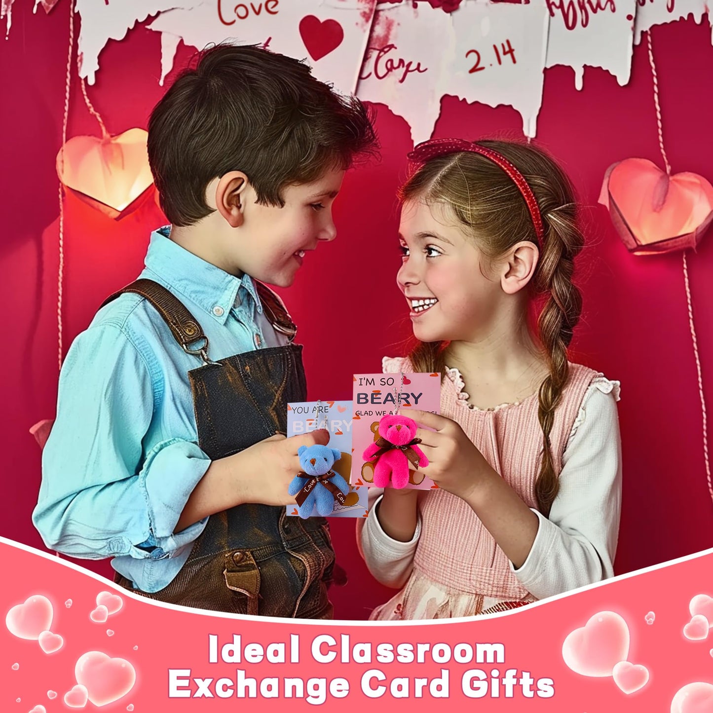 REGTEB 28-Pack Valentine Gifts for Kids – Plush Bear Keychains & Cards for Classroom Valentines Day