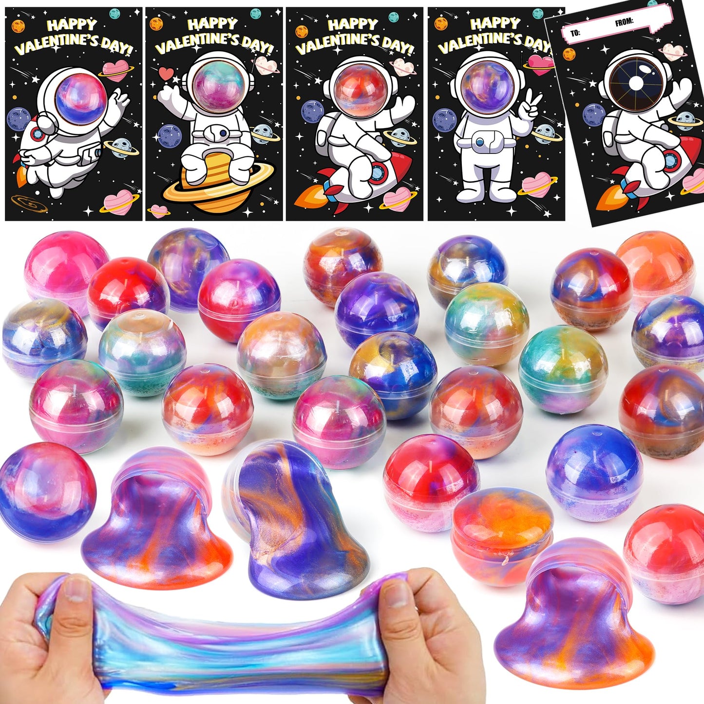 REGTEB 28-Pack Galaxy Slime Ball Valentines Cards for Kids – Classroom Gifts & Party Favors