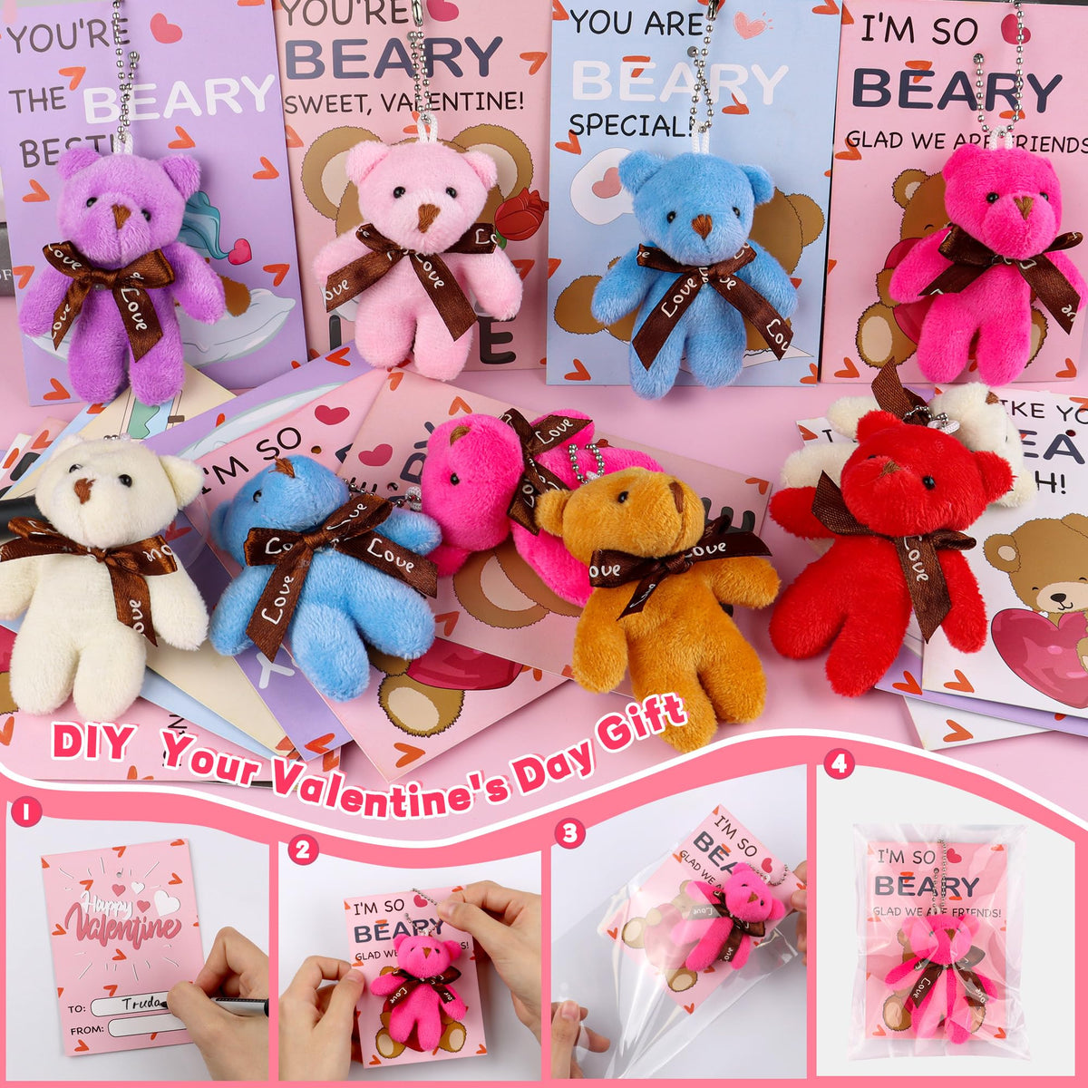 REGTEB 28-Pack Valentine Gifts for Kids – Plush Bear Keychains & Cards for Classroom Valentines Day