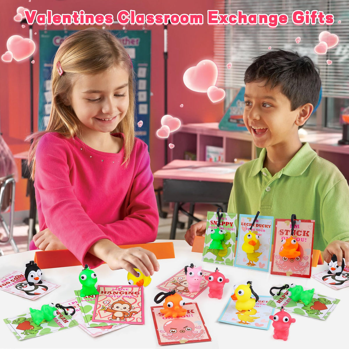 REGTEB 28-Pack Kids Valentines Day Cards with Animal Popping Eyes Keychains