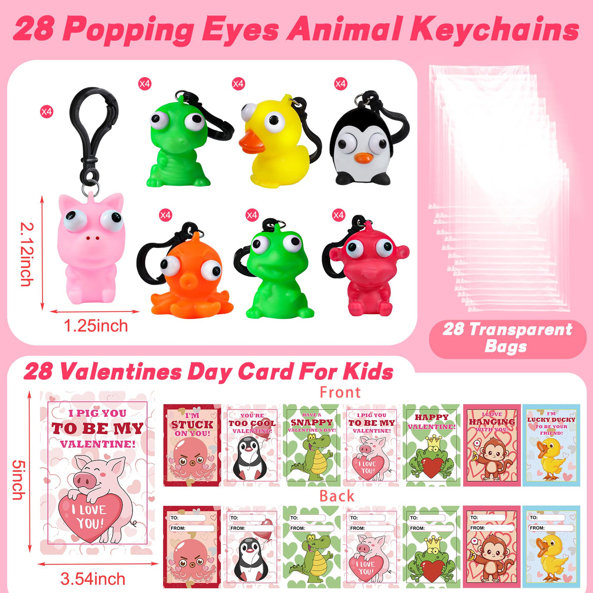 REGTEB 28-Pack Kids Valentines Day Cards with Animal Popping Eyes Keychains