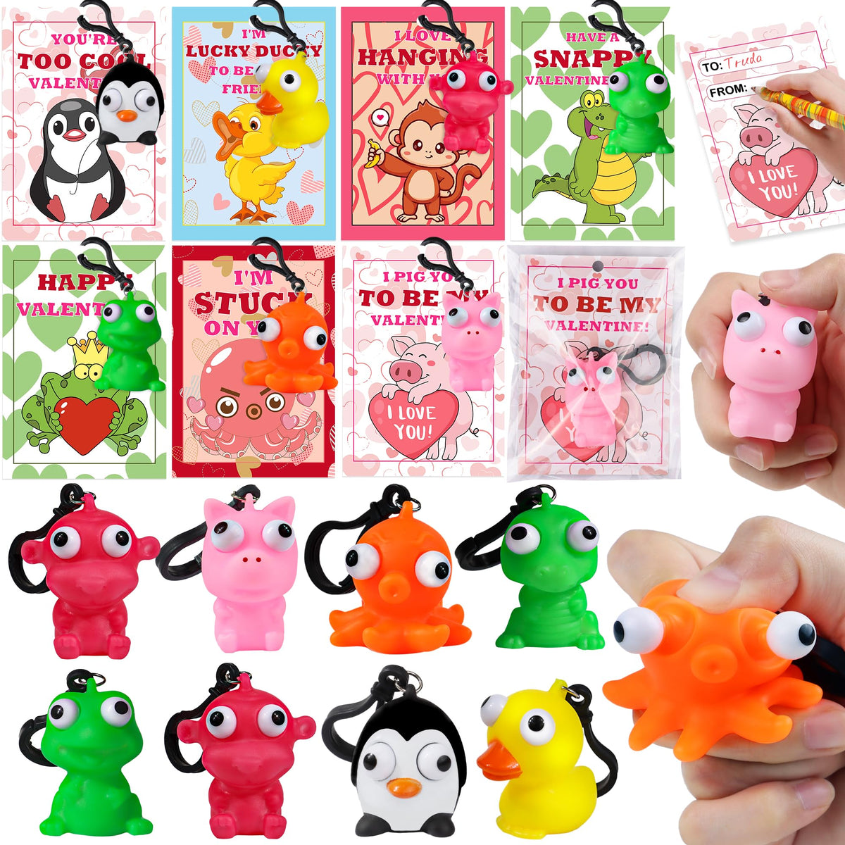 REGTEB 28-Pack Kids Valentines Day Cards with Animal Popping Eyes Keychains