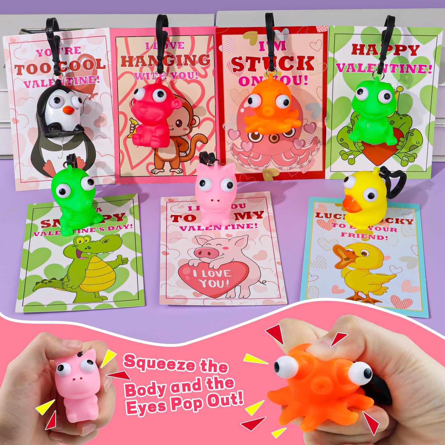 REGTEB 28-Pack Kids Valentines Day Cards with Animal Popping Eyes Keychains