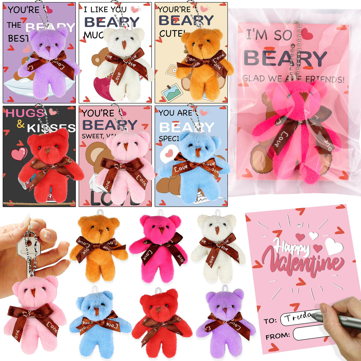 REGTEB 28-Pack Valentine Gifts for Kids – Plush Bear Keychains & Cards for Classroom Valentines Day