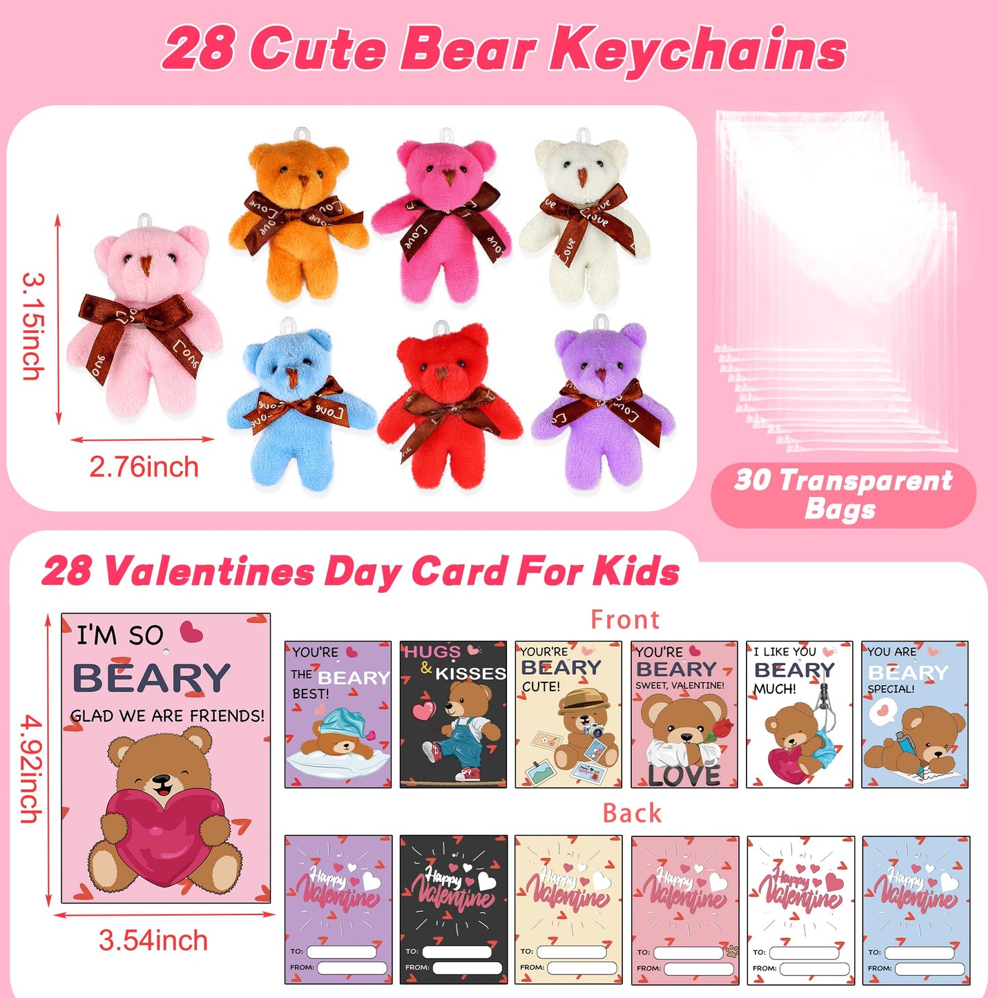 REGTEB 28-Pack Valentine Gifts for Kids – Plush Bear Keychains & Cards for Classroom Valentines Day