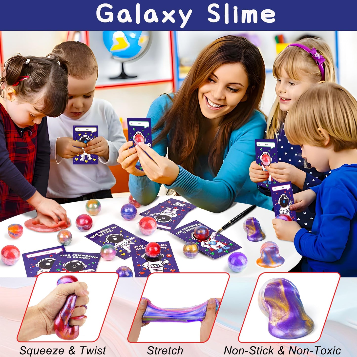 REGTEB 28-Pack Valentines Day Cards with Galaxy Slime for Kids – Classroom Valentines & Party Favors