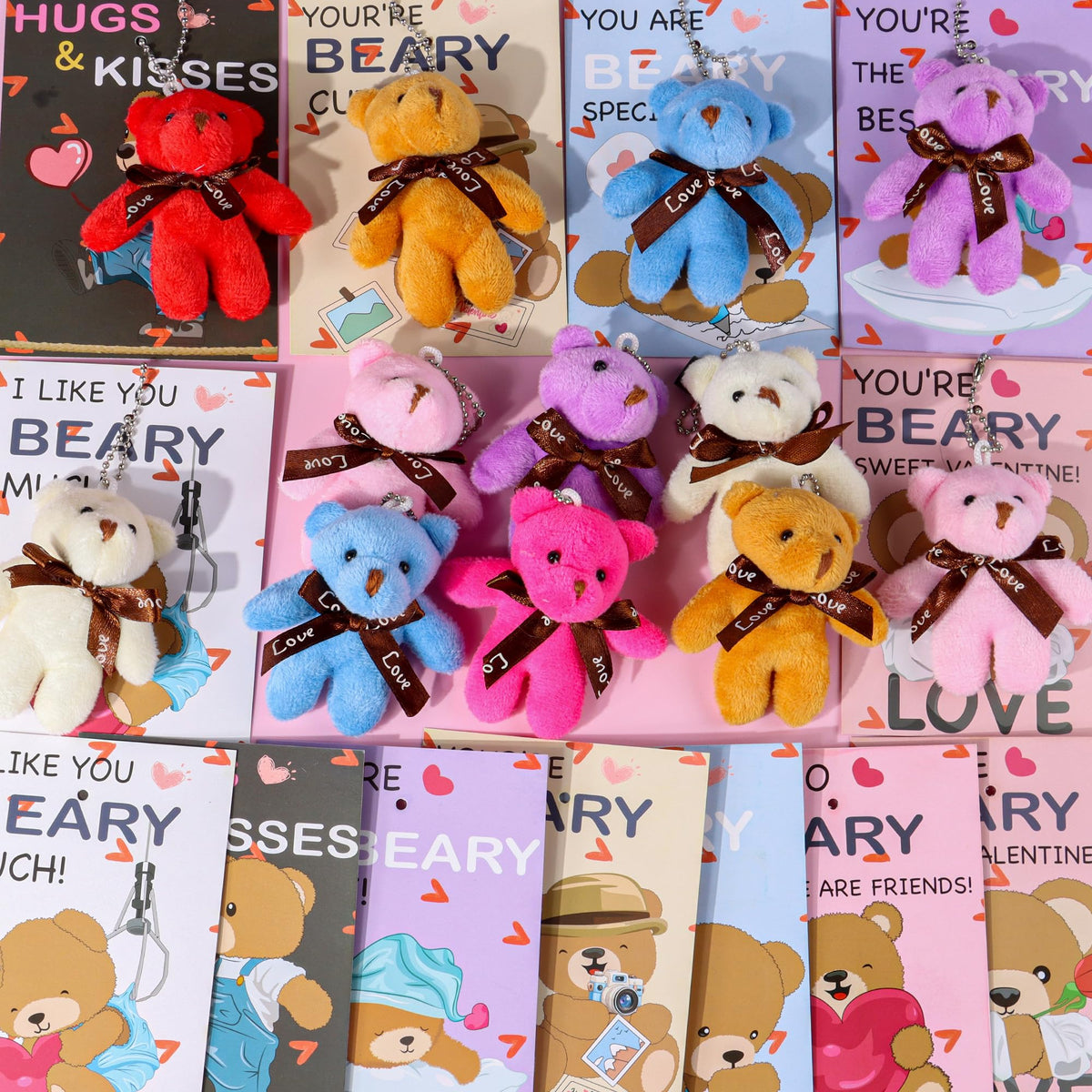 REGTEB 28-Pack Valentine Gifts for Kids – Plush Bear Keychains & Cards for Classroom Valentines Day