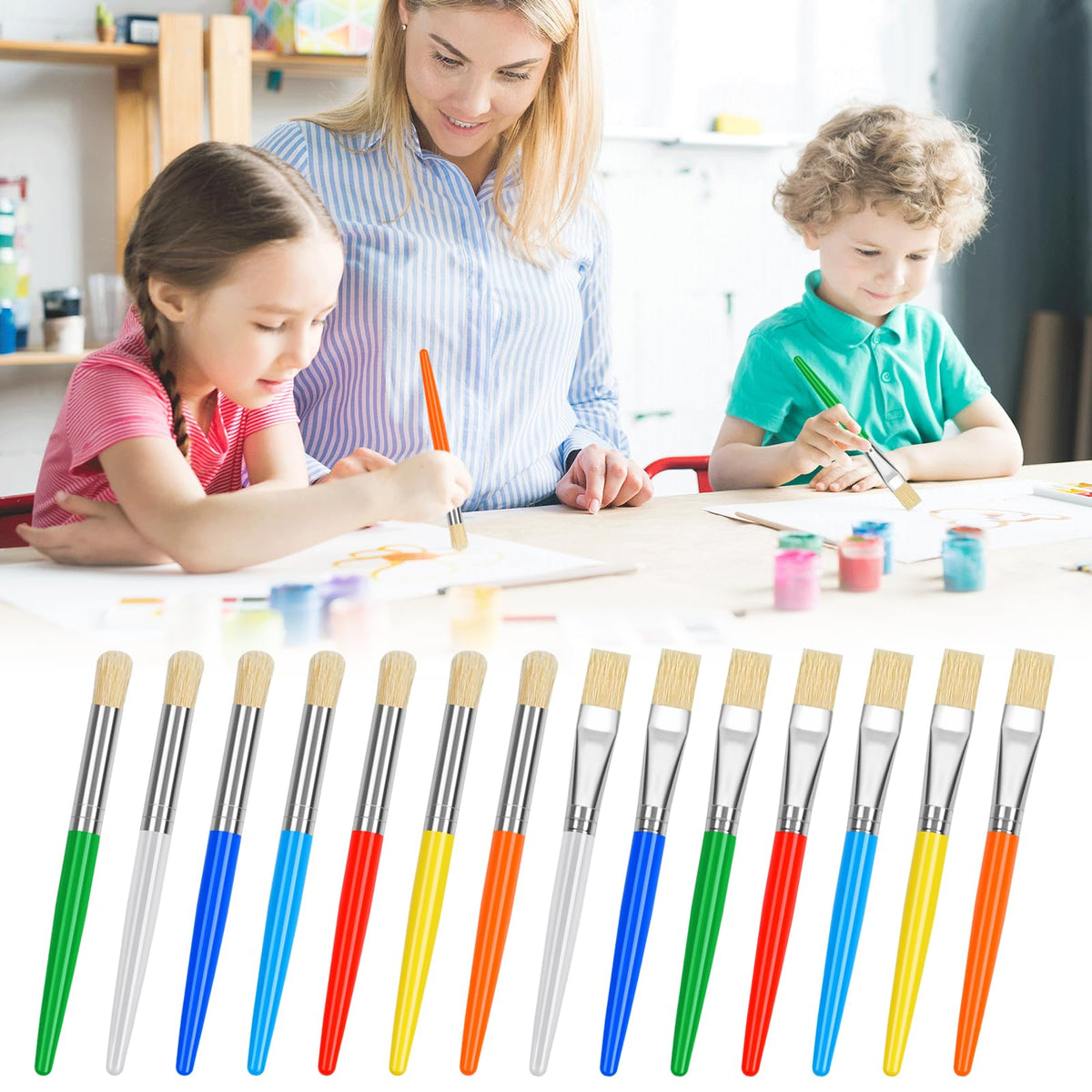 REGUICORP 14 Pcs Kids Paint Brushes Set – Round & Flat, Easy-Hold Handles, Washable