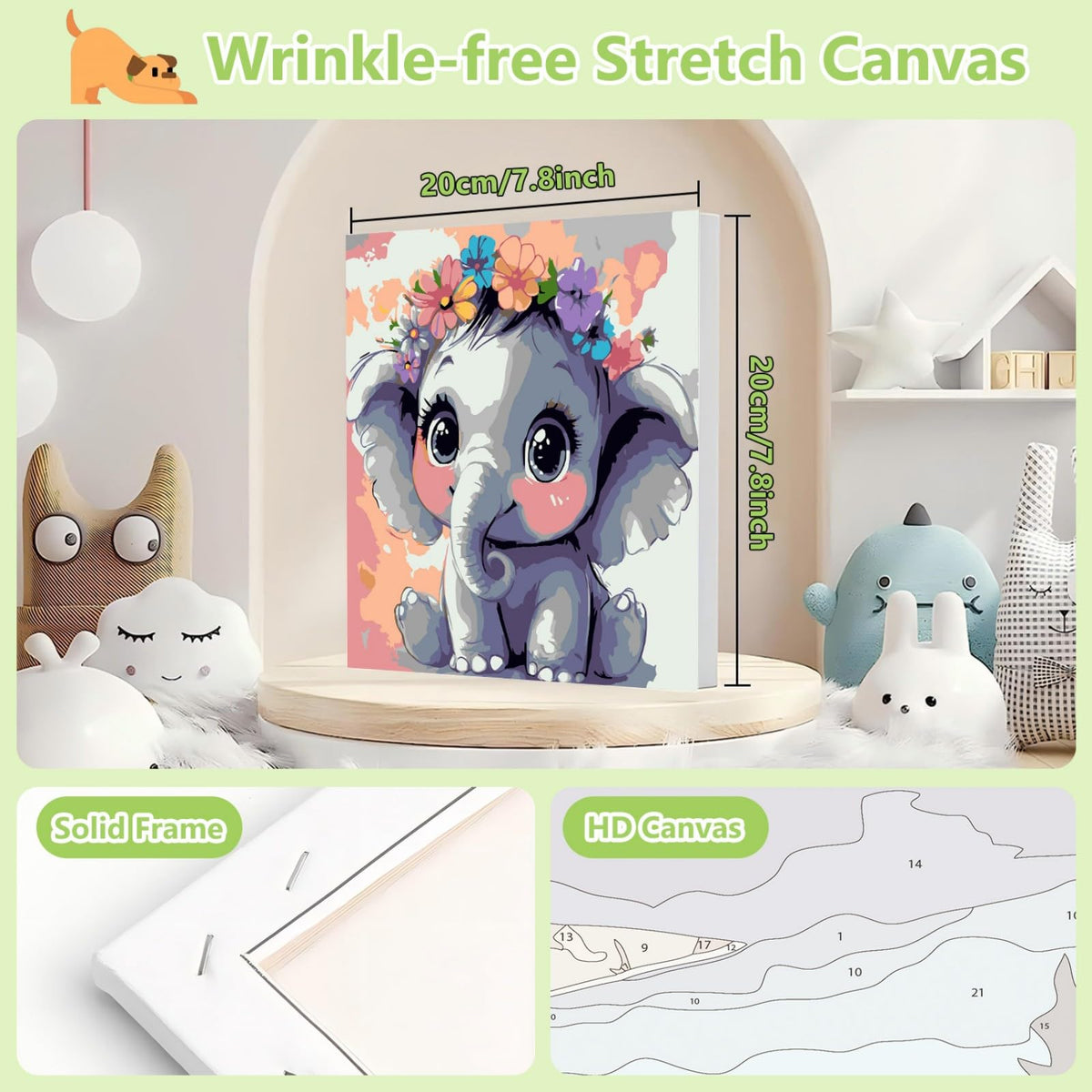 Reivworl Paint by Numbers Kit for Kids – Frame & Easel, Elephant, 8x8 in, Ages 6-12