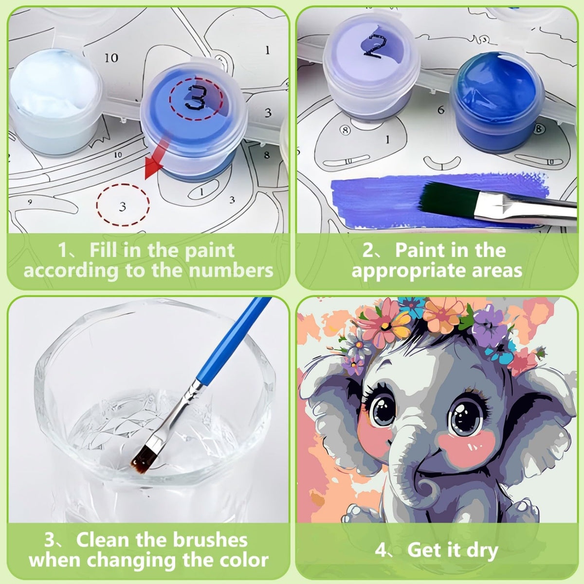 Reivworl Paint by Numbers Kit for Kids – Frame & Easel, Elephant, 8x8 in, Ages 6-12