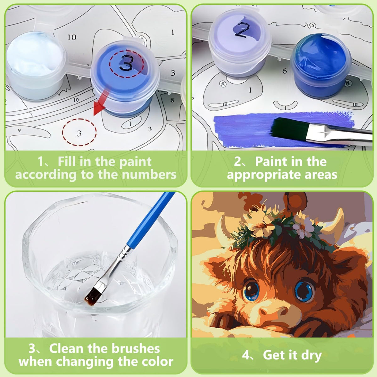 Reivworl Cow Paint by Numbers Kit for Kids with Frame & Easel – 8x8 in (Acrylic)