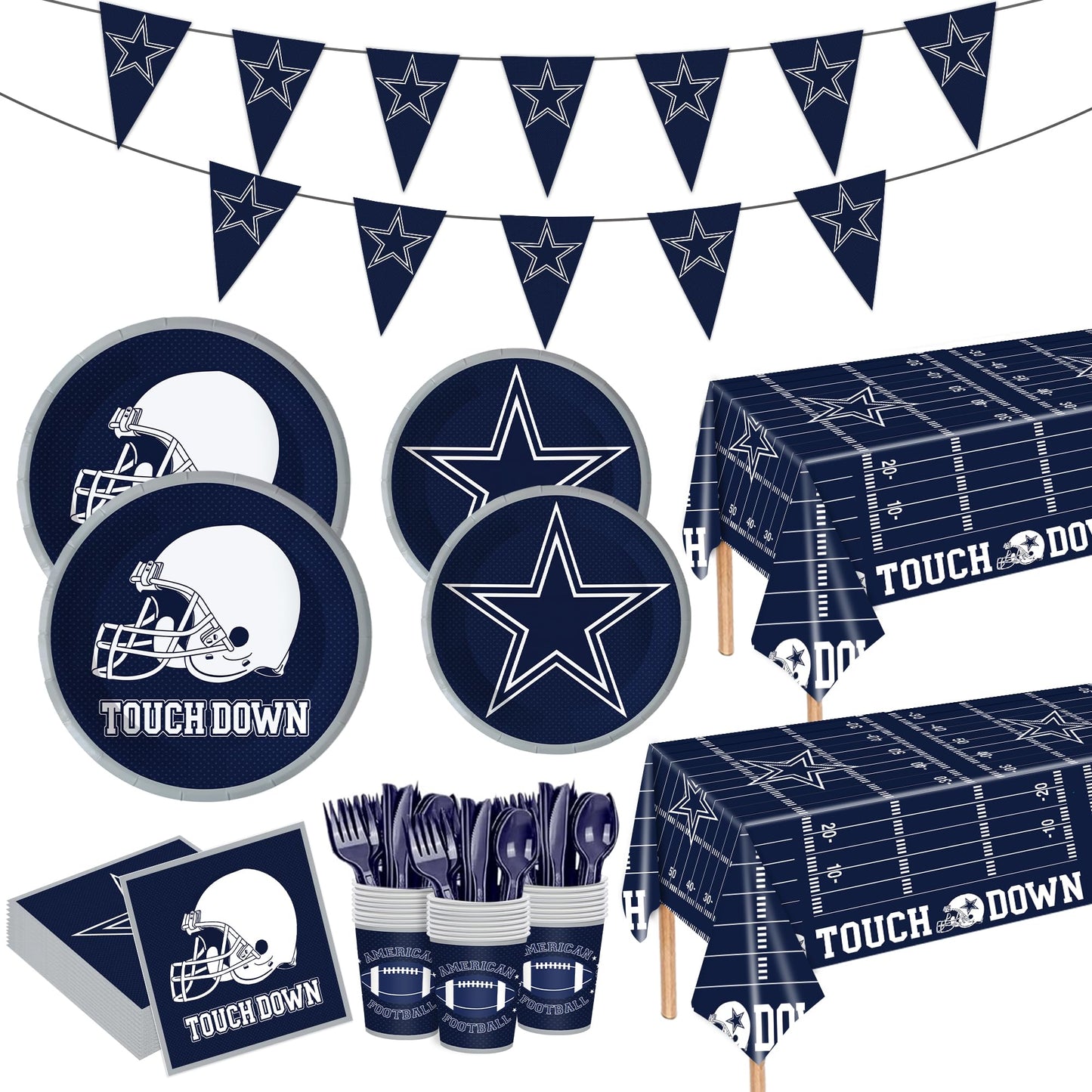 Rejoice Bunny 122Pcs Football Party Tableware Set for 20 Guests – Plates, Cups, Napkins & Tablecloth