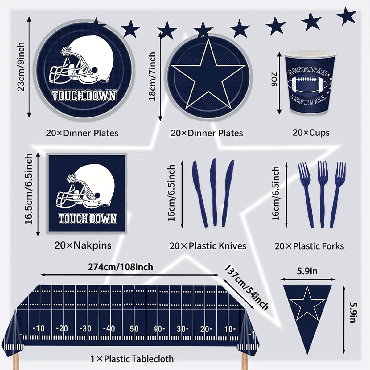 Rejoice Bunny 122Pcs Football Party Tableware Set for 20 Guests – Plates, Cups, Napkins & Tablecloth