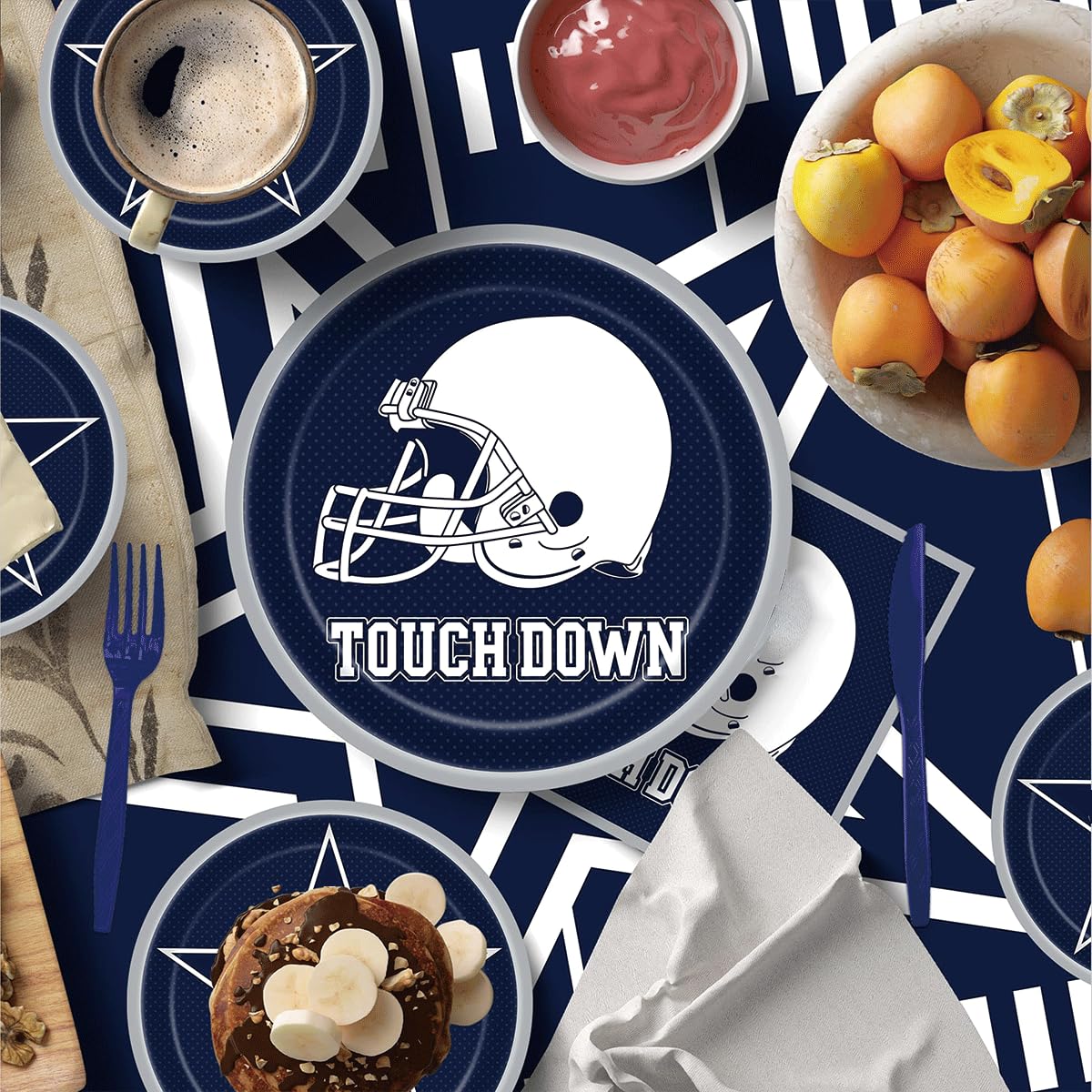 Rejoice Bunny 122Pcs Football Party Tableware Set for 20 Guests – Plates, Cups, Napkins & Tablecloth