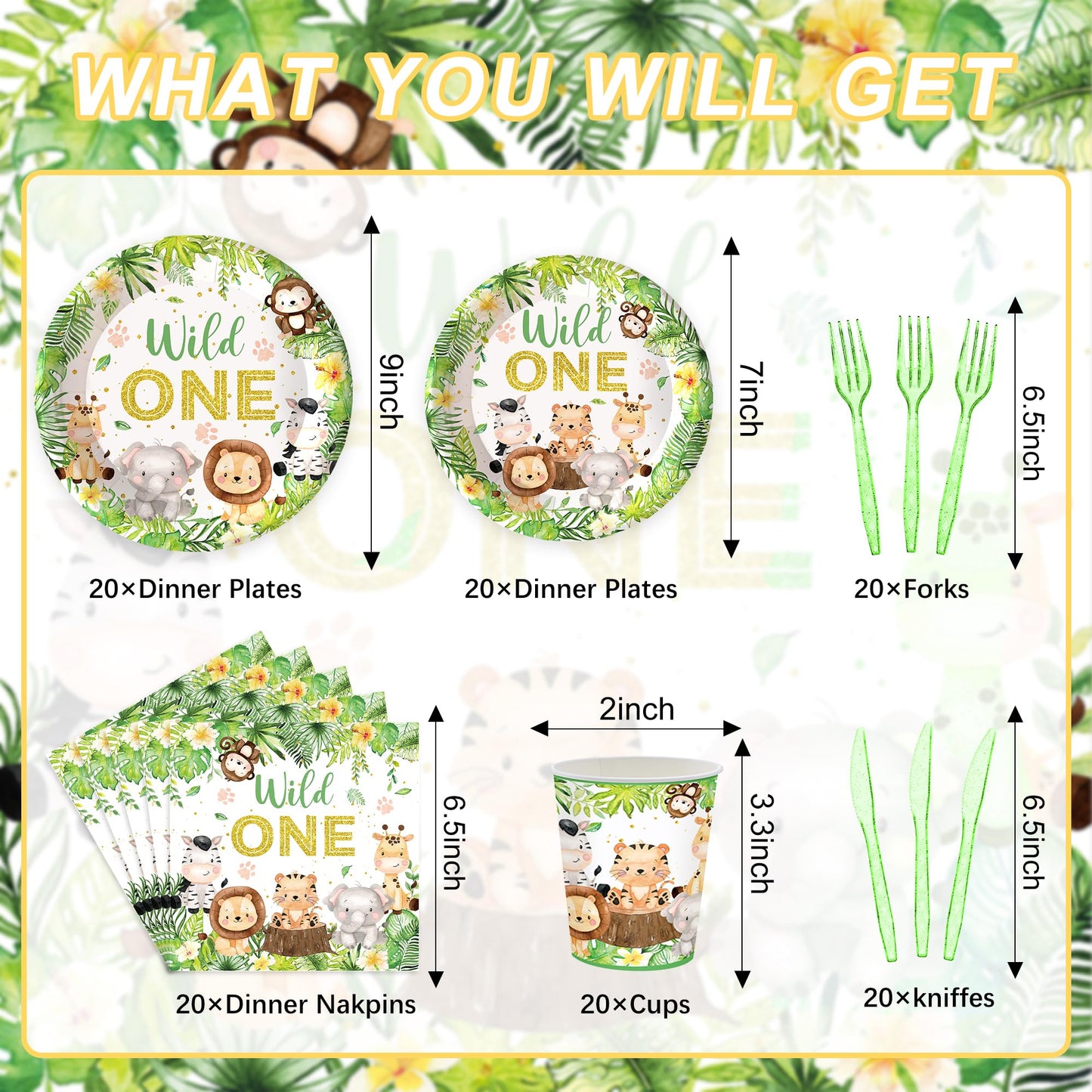 Rejoice Bunny 120PCS Jungle Safari Party Supplies for 20 Guests – Plates, Napkins, Cups & Cutlery