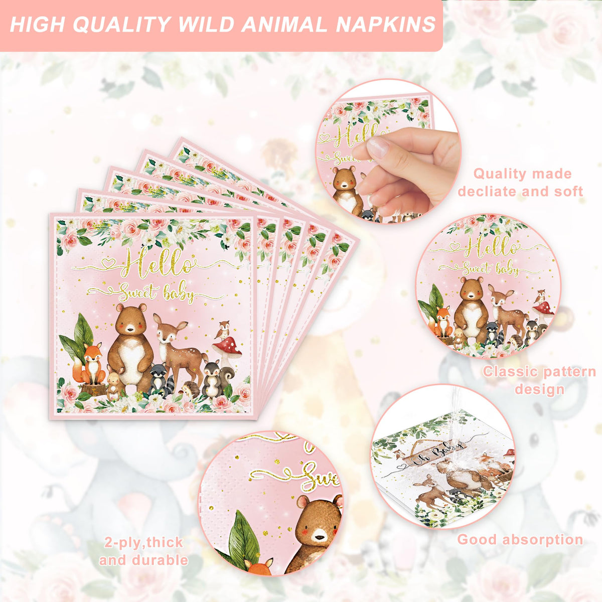 Rejoice Bunny 120PCS Woodland Party Supplies for Girls — Pink Forest Tableware for 20 Guests