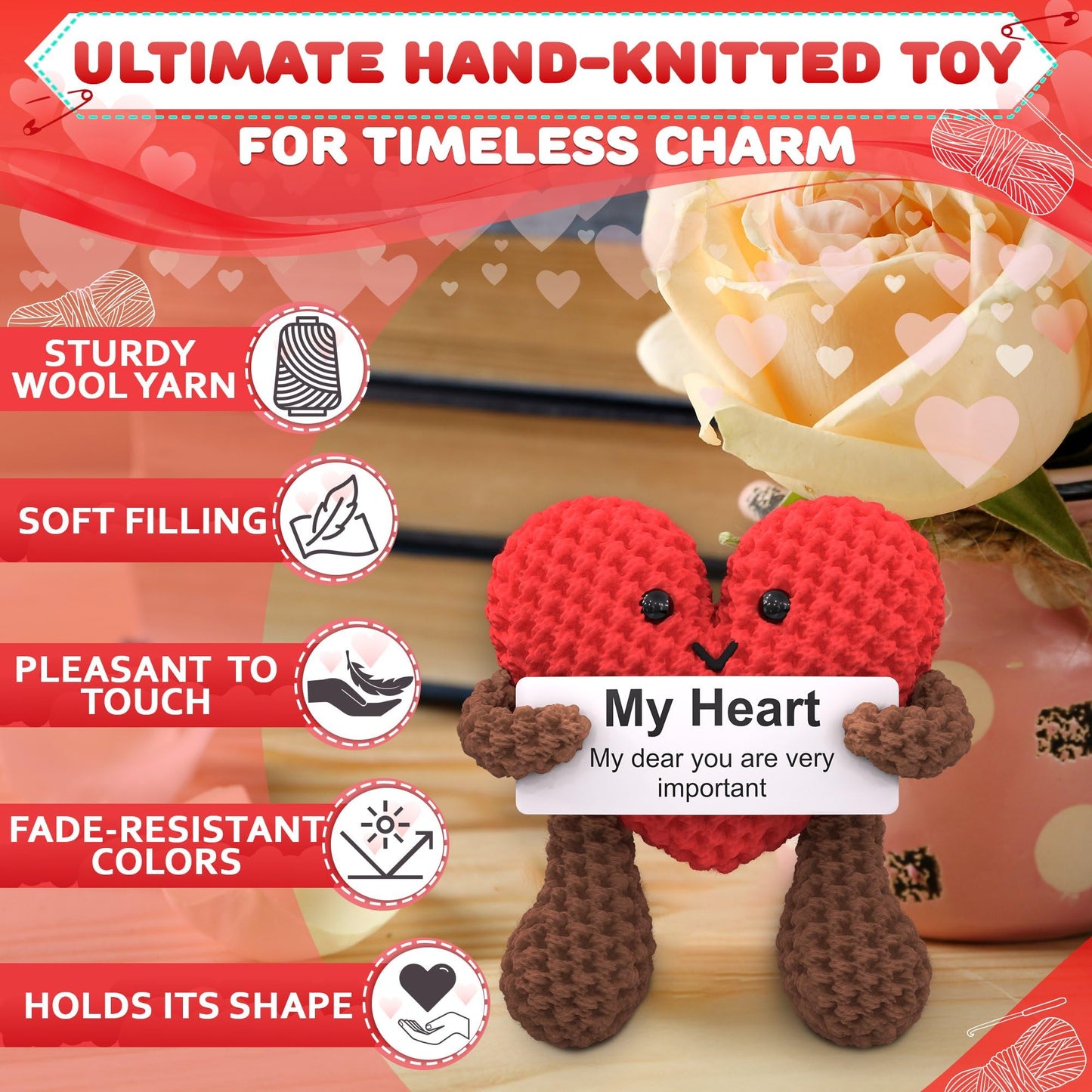 Reluen Heart Plush - Valentines Day Gift for Her or Him with Motivational Card | Crochet Heart Keepsake