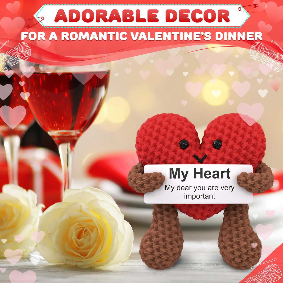 Reluen Heart Plush - Valentines Day Gift for Her or Him with Motivational Card | Crochet Heart Keepsake