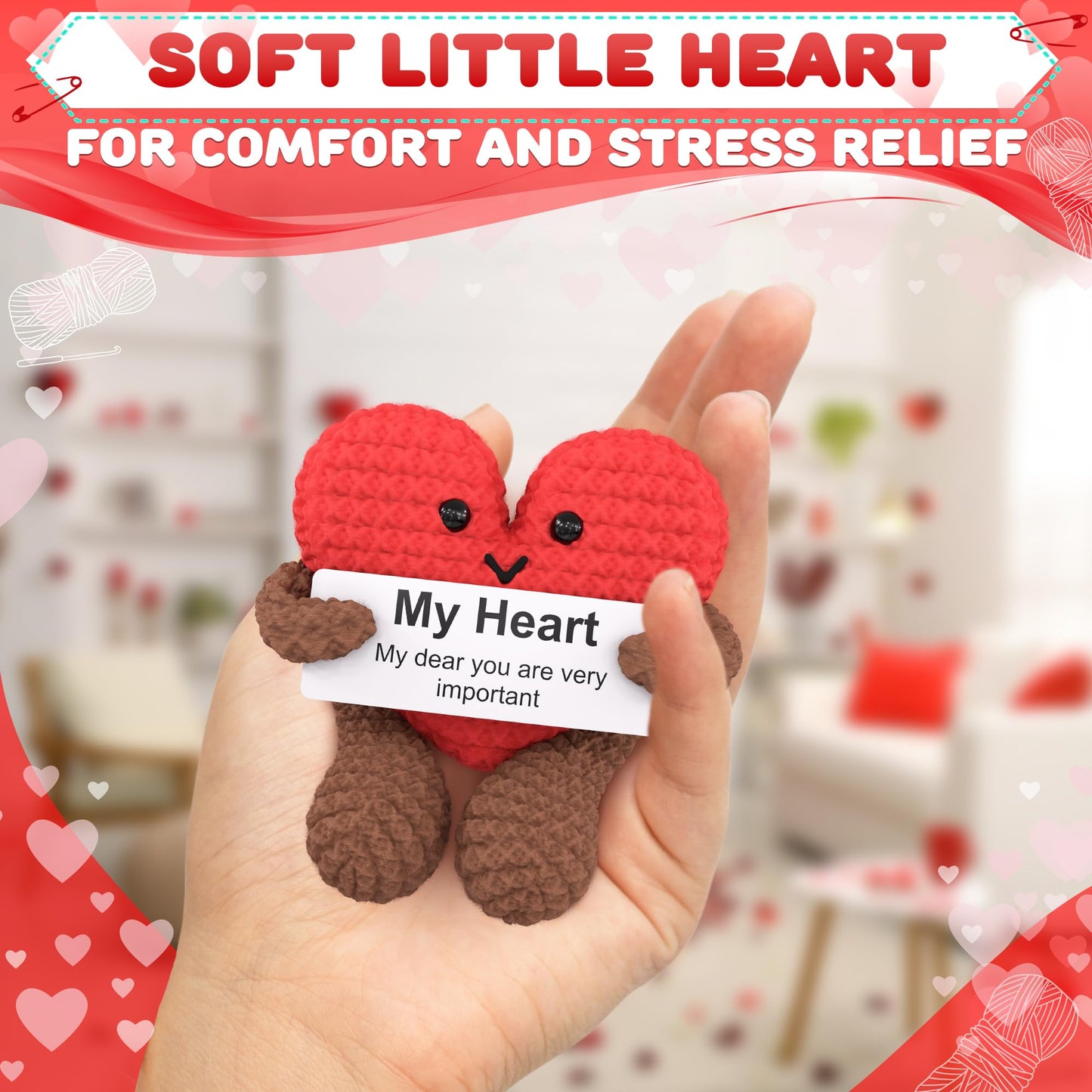 Reluen Heart Plush - Valentines Day Gift for Her or Him with Motivational Card | Crochet Heart Keepsake