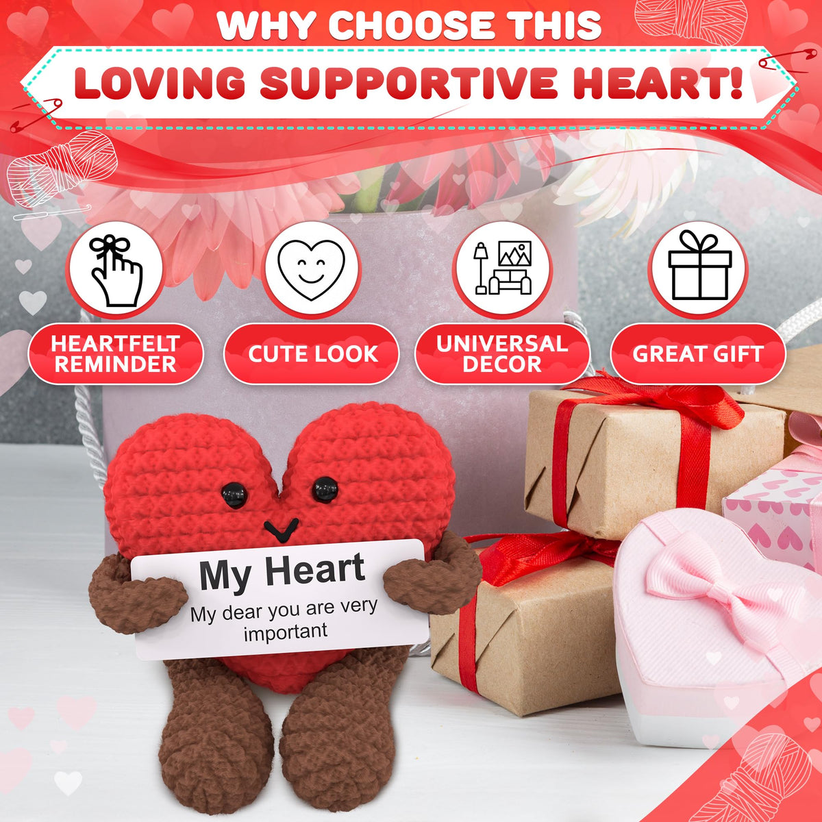 Reluen Heart Plush - Valentines Day Gift for Her or Him with Motivational Card | Crochet Heart Keepsake