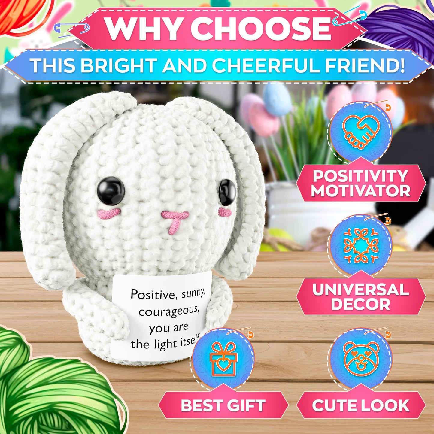 Reluen Support Bunny Stuffed Animal – Soft Crochet Plush, Desk Decor & Pocket Companion