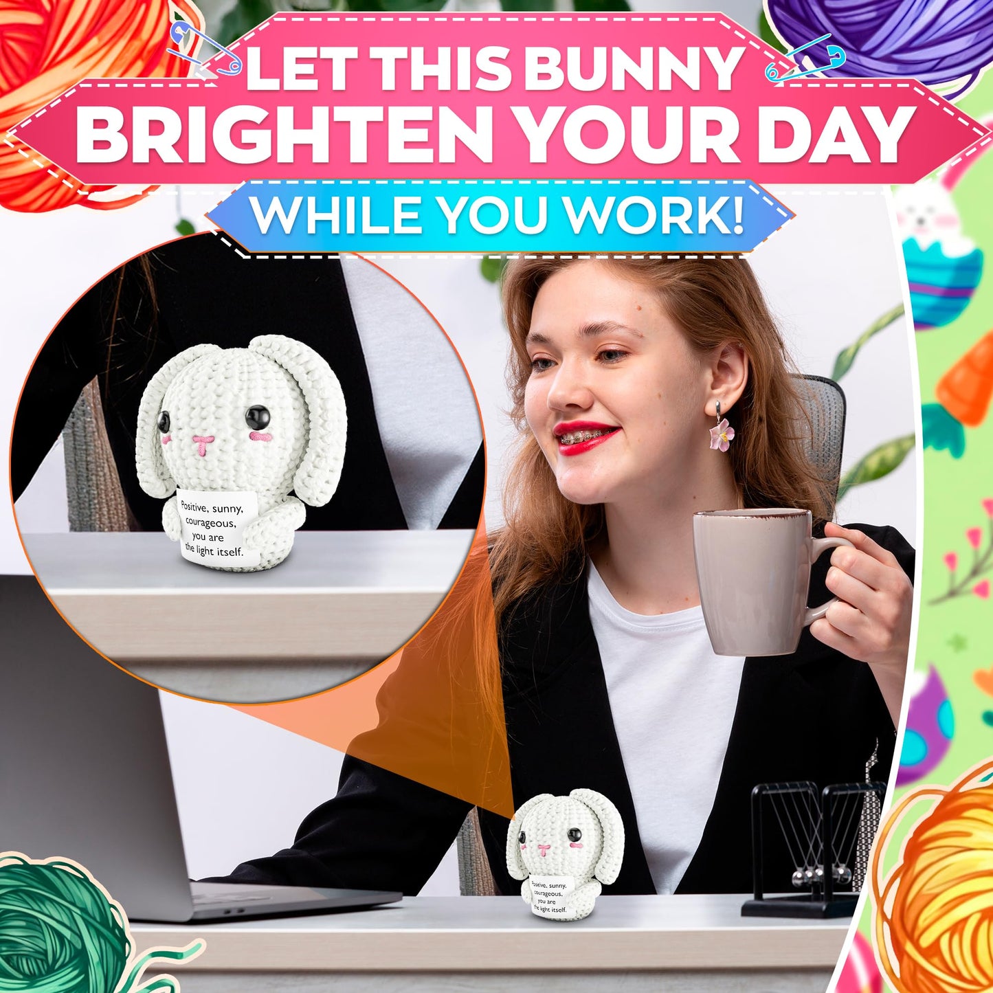 Reluen Support Bunny Stuffed Animal – Soft Crochet Plush, Desk Decor & Pocket Companion