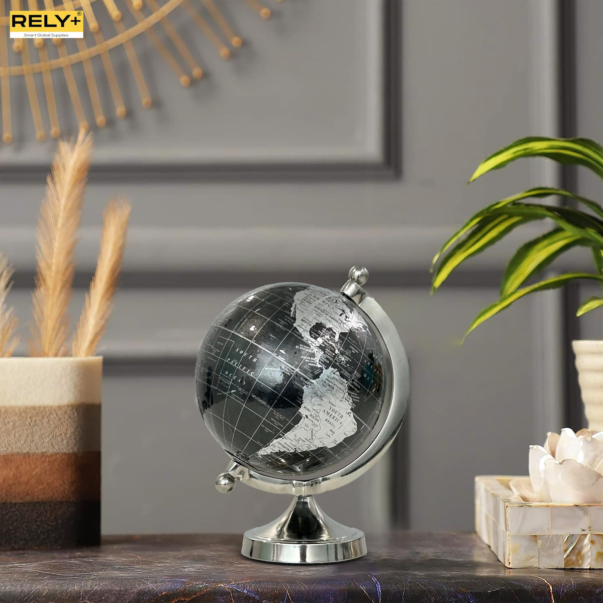 Rely+ 5-Inch Black Globe with Silver Stand – Decorative Desk Globe (NOT PLASTIC!)