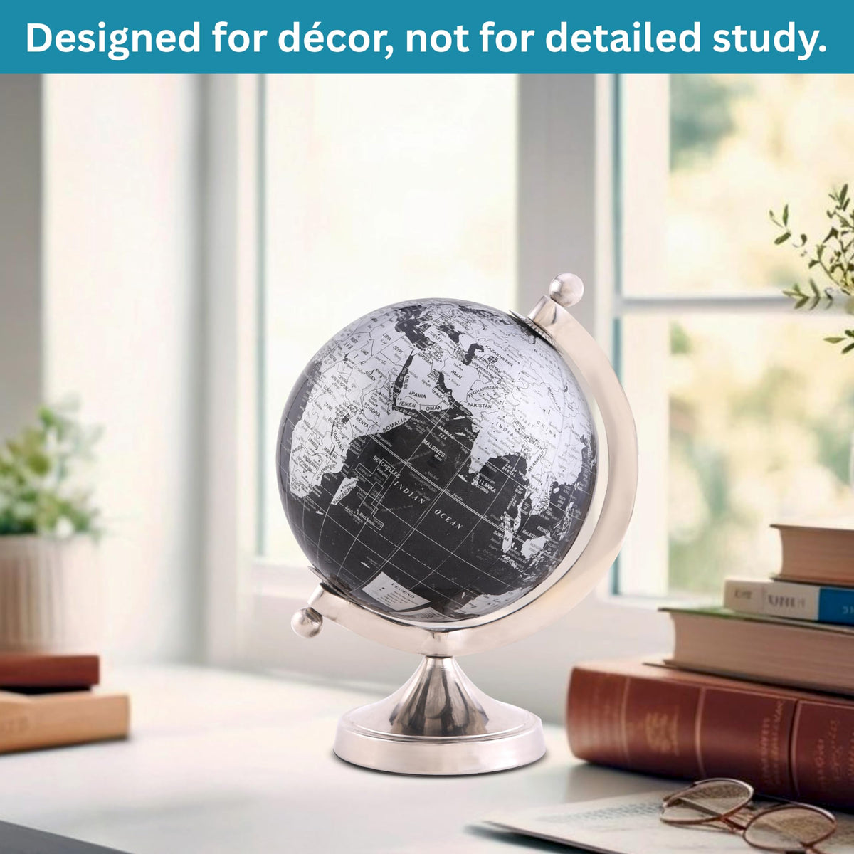 Rely+ 5-Inch Black Globe with Silver Stand – Decorative Desk Globe (NOT PLASTIC!)