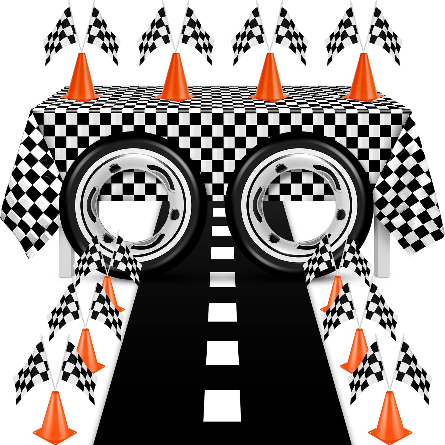 Remagr Race Car Theme Birthday Party Supplies – 24 Pcs Pack with Flags, Cones, Tire Tubes, Tablecloth & Runner