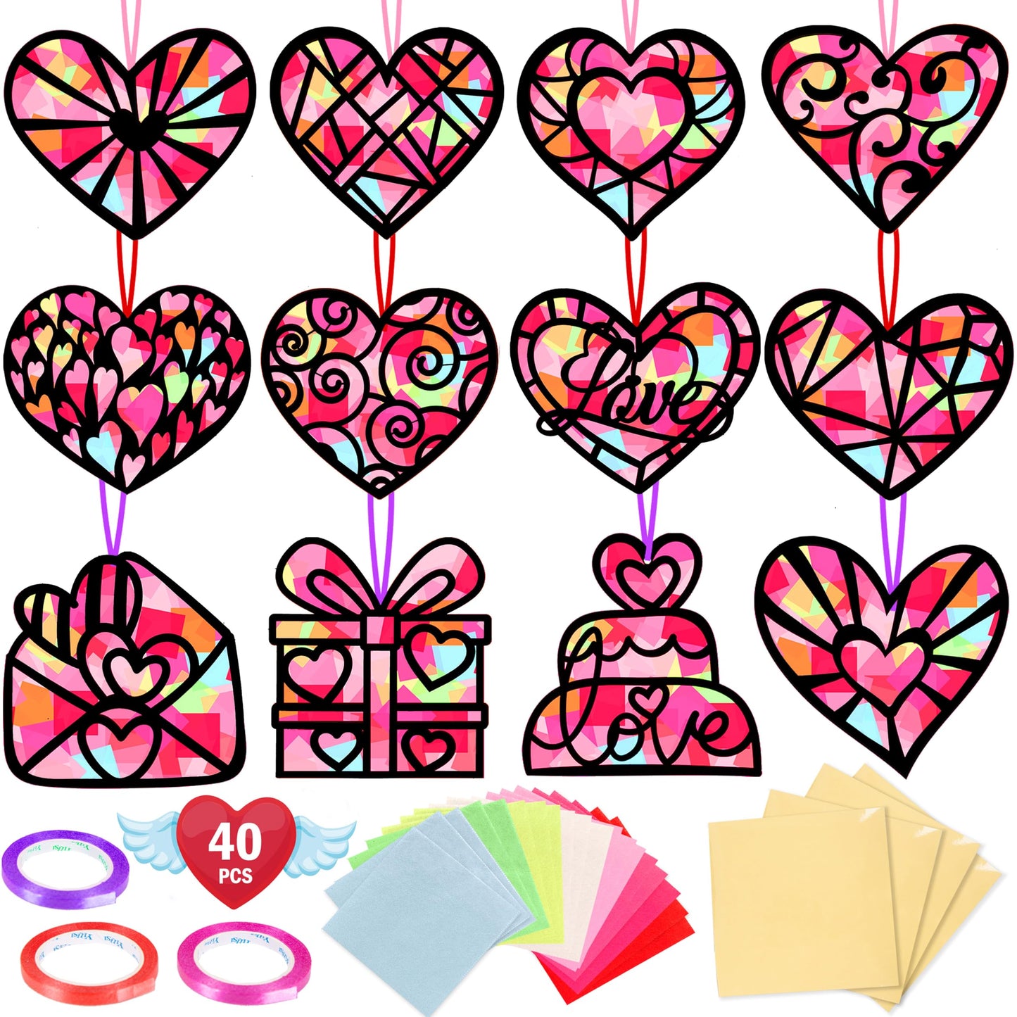 Renbuzhu 40PCS Valentines Day Crafts: Paper Heart Suncatchers & Window DIY Kit