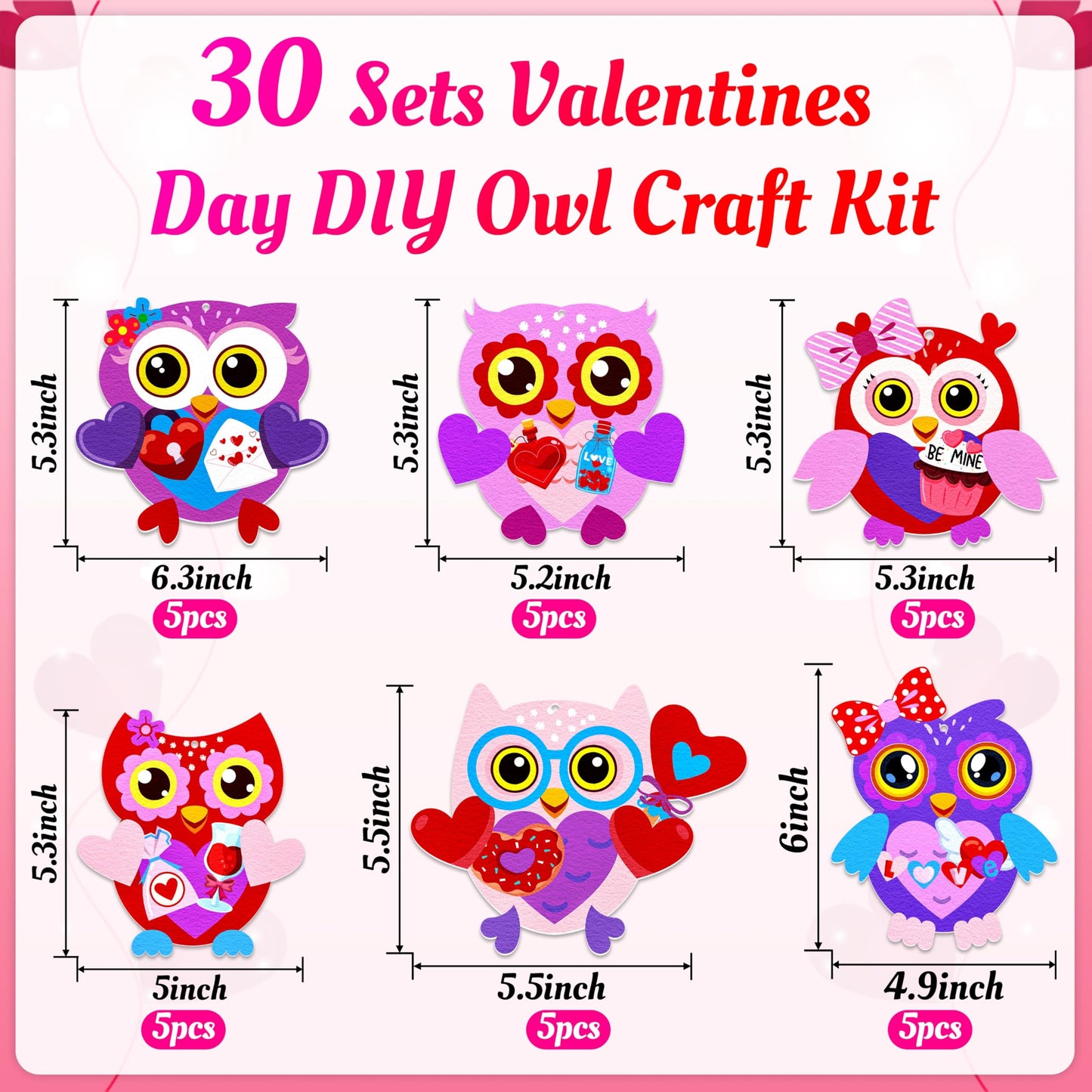 Renbuzhu 30-Set Valentines Day Owl Crafts Kit for Kids – DIY Heart Art Gift for Classrooms