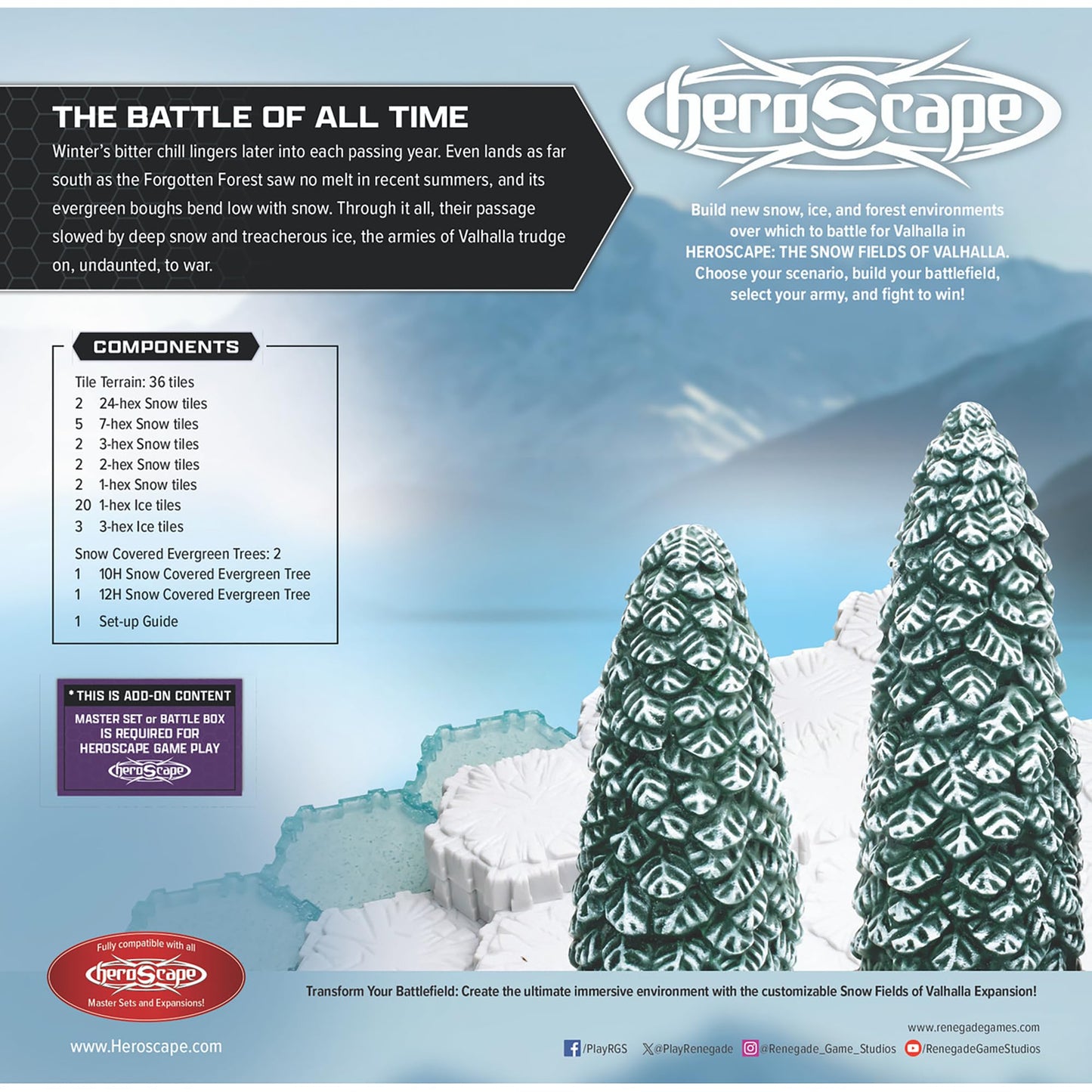Renegade Games: Heroscape Snow Fields of Valhalla Terrain Expansion – 36 Hex-Tiles, 2 Evergreen Trees, Universal Compatibility