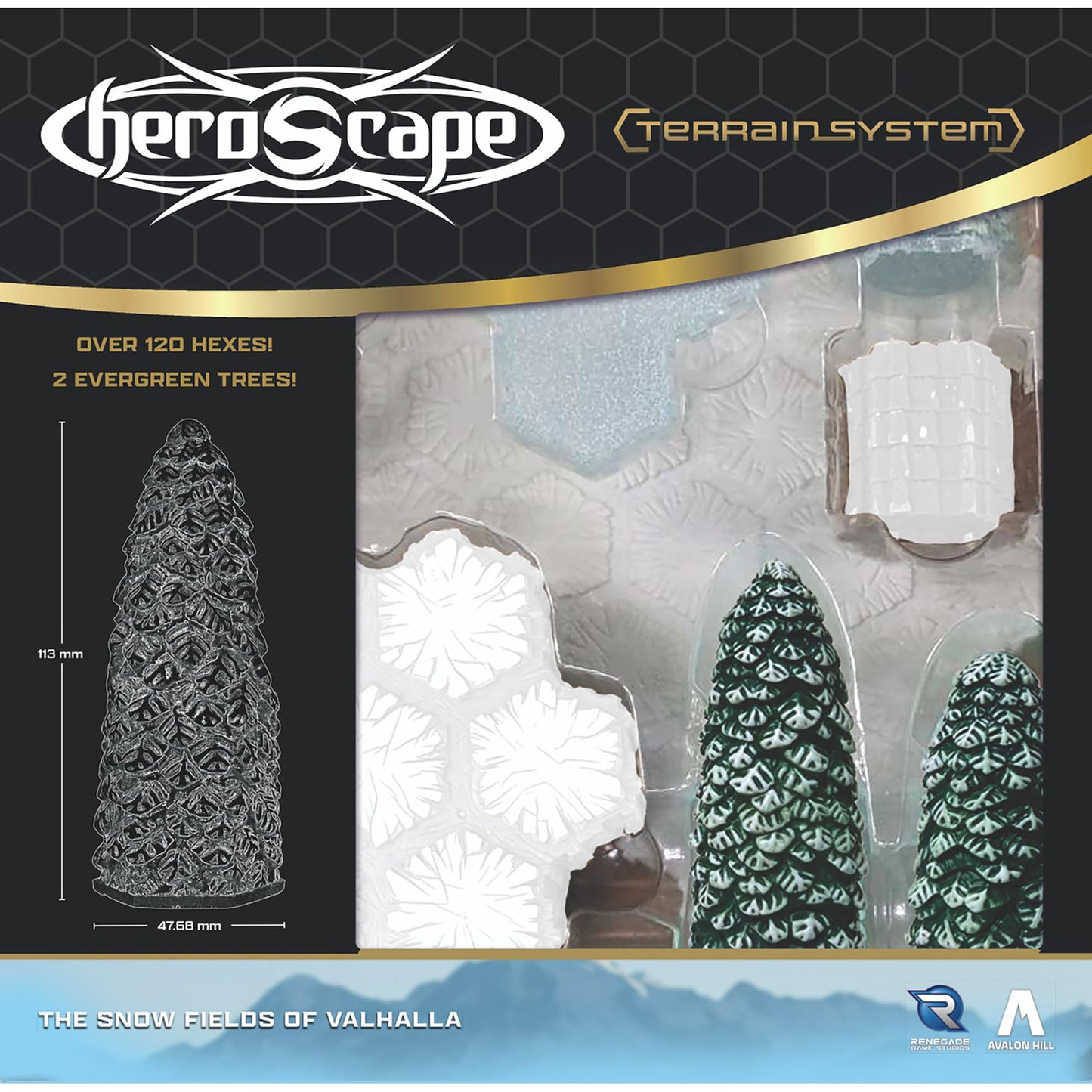Renegade Games: Heroscape Snow Fields of Valhalla Terrain Expansion – 36 Hex-Tiles, 2 Evergreen Trees, Universal Compatibility