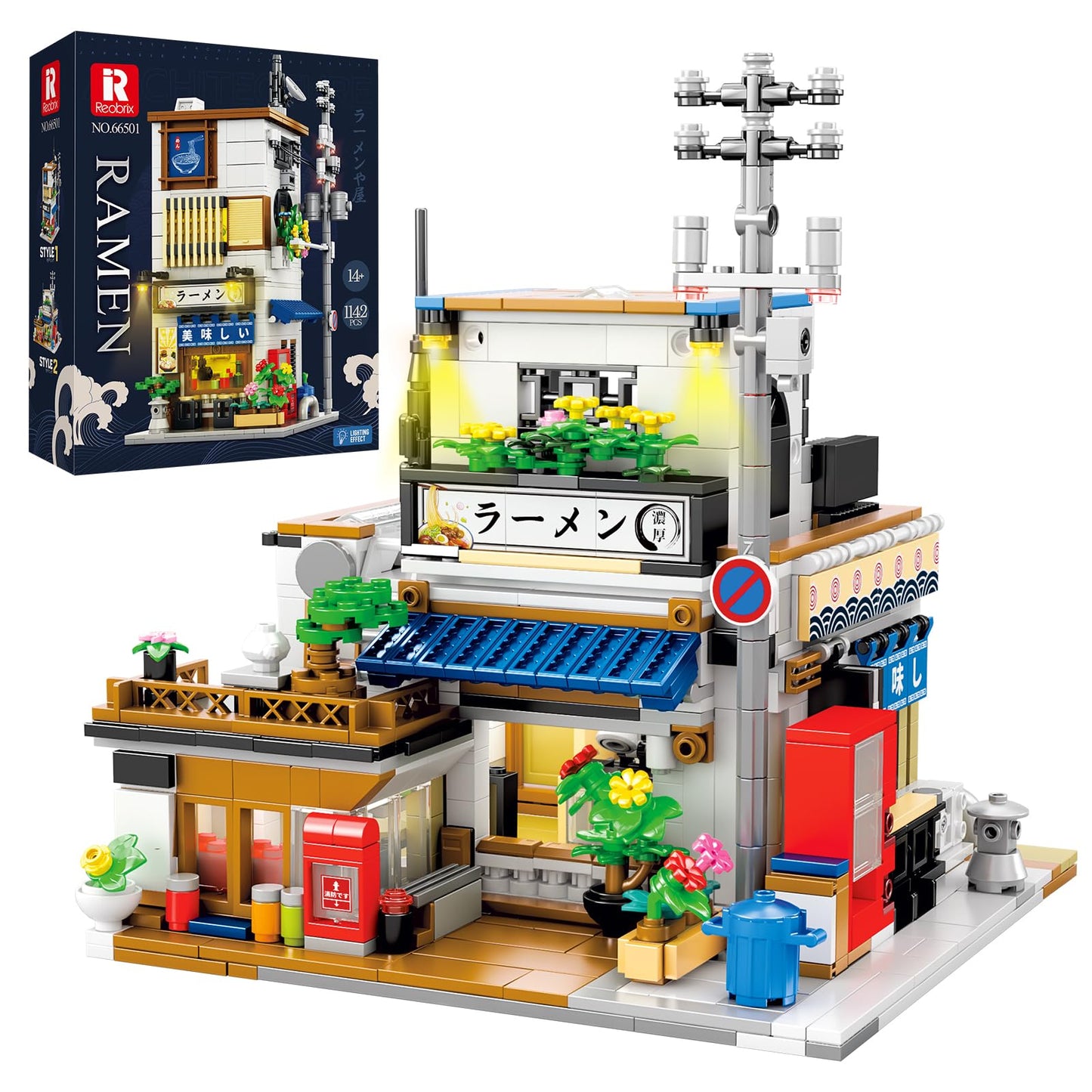 Reobrix Japanese Ramen Shop Building Blocks 66501 – 2-in-1 Lighted Street View Kit