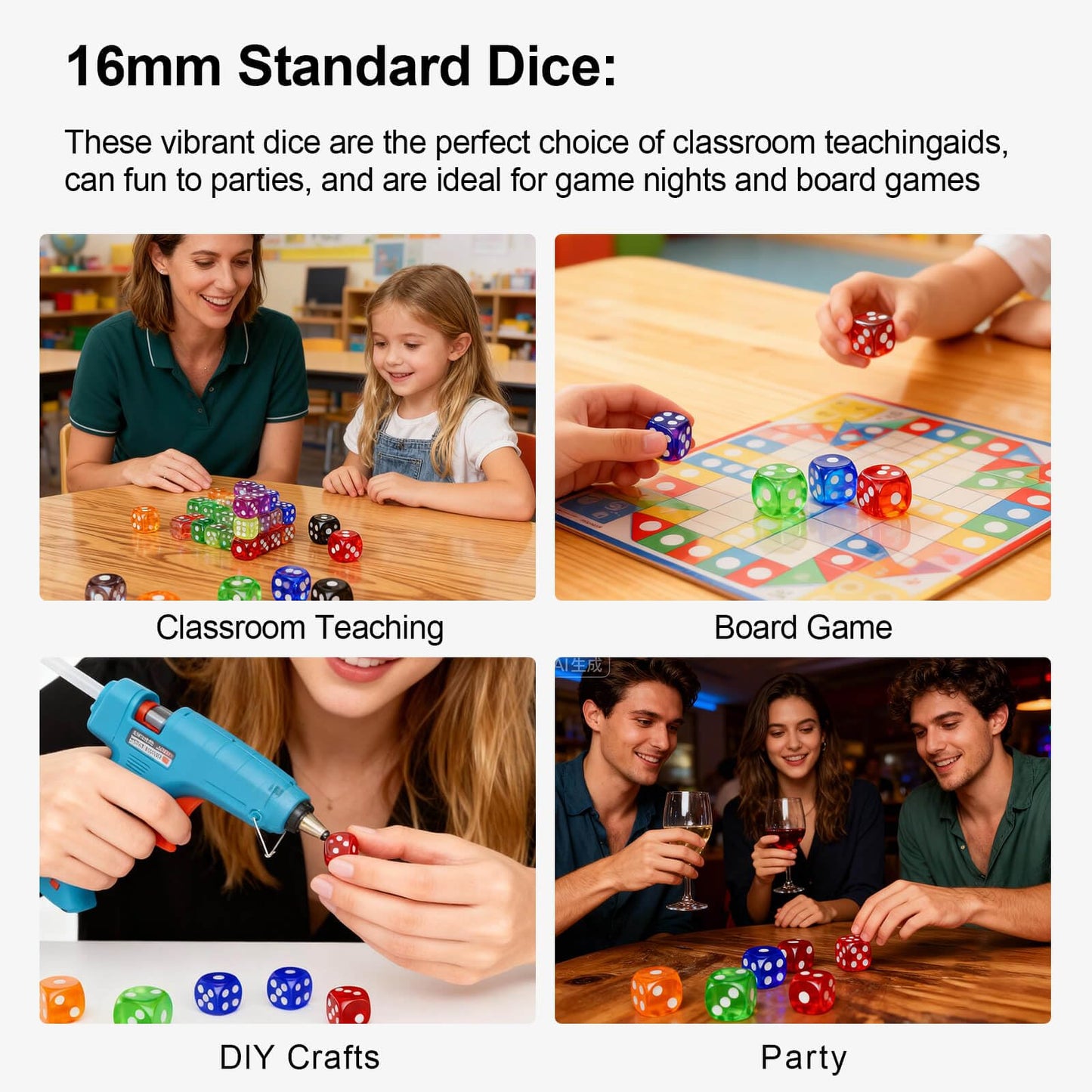 Rerdeim 60-Piece Dice Set – 16mm Colorful Bulk Dice for Classroom & Games