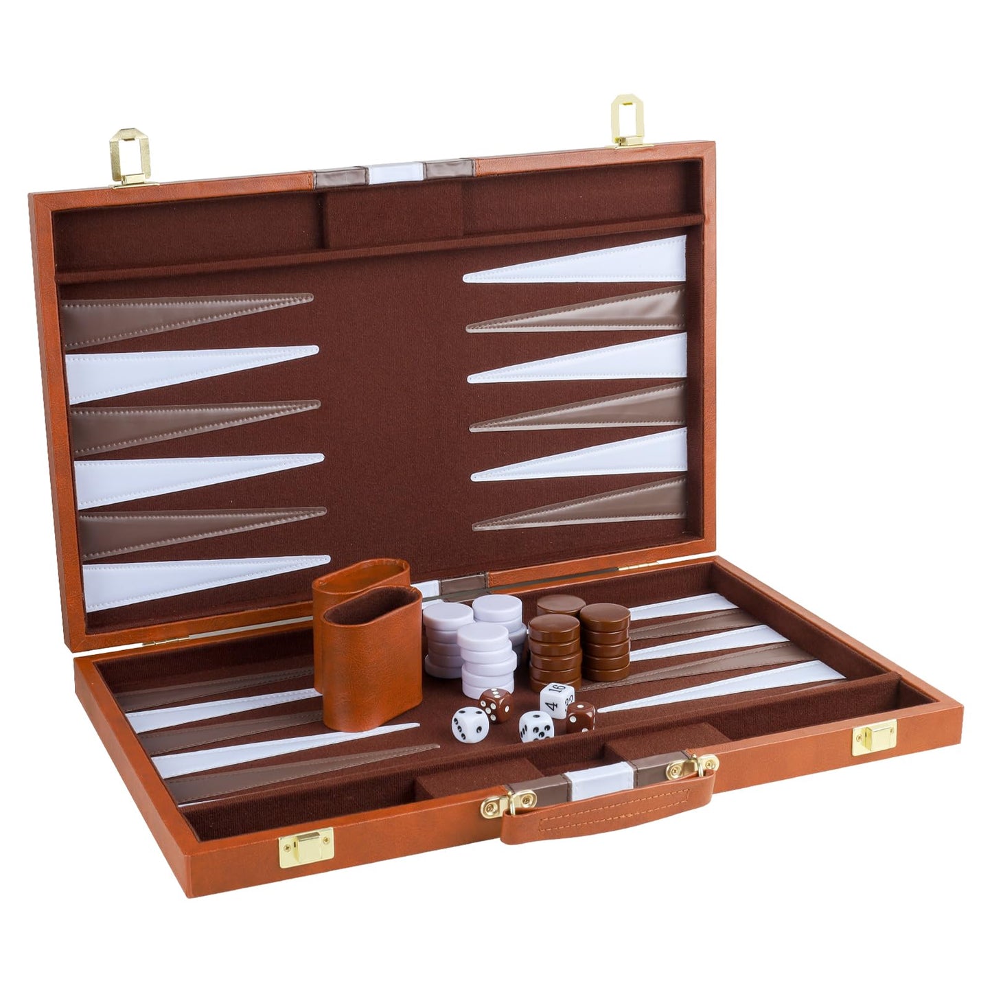 RERIVER Backgammon Set – 18-Inch Brown PU Leather Case, 2-Player Travel Board Game