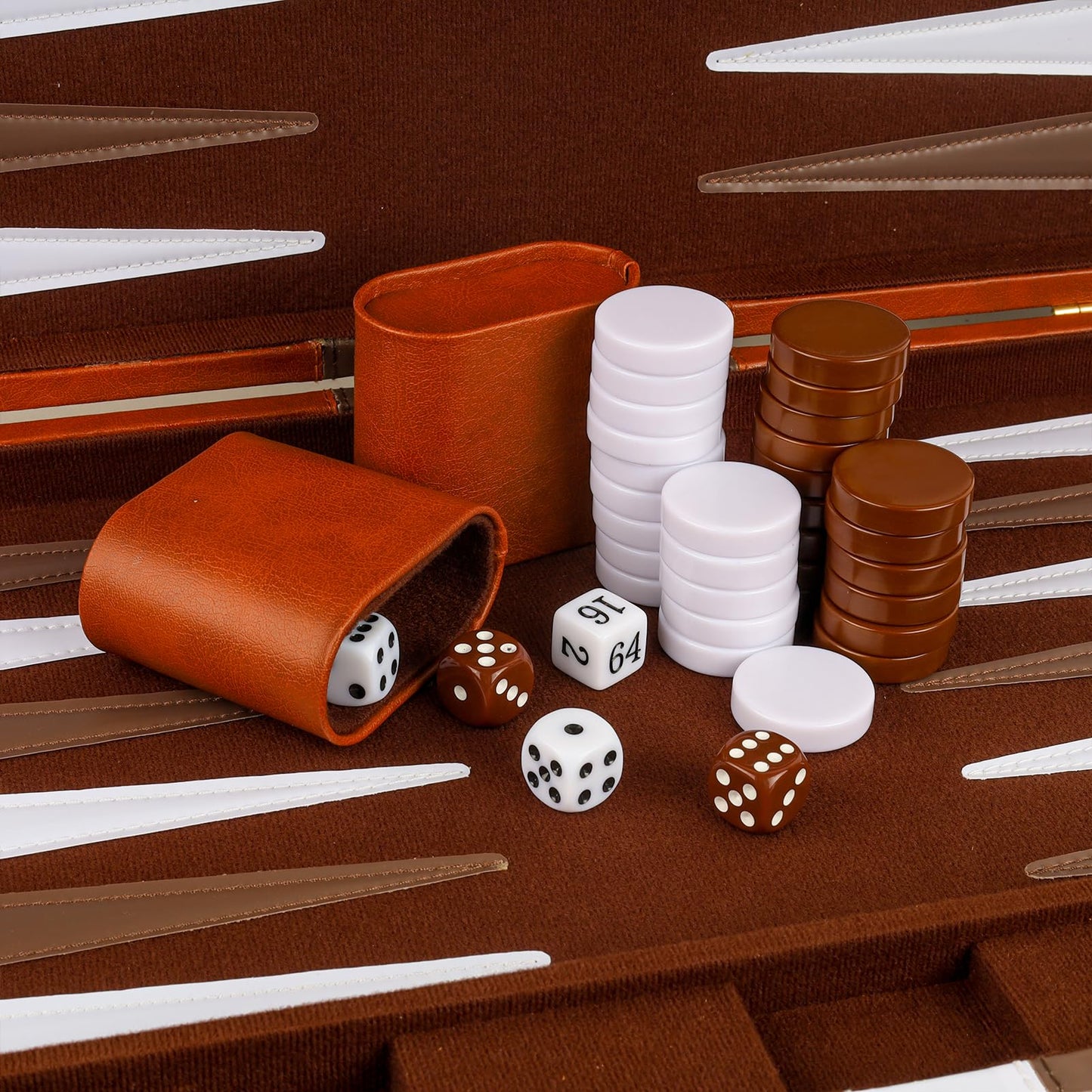 RERIVER Backgammon Set – 18-Inch Brown PU Leather Case, 2-Player Travel Board Game