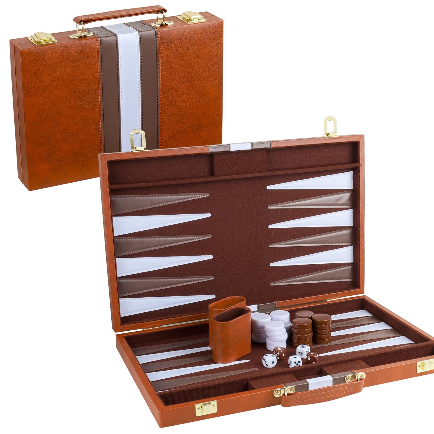 RERIVER Backgammon Set – 18-Inch Brown PU Leather Case, 2-Player Travel Board Game