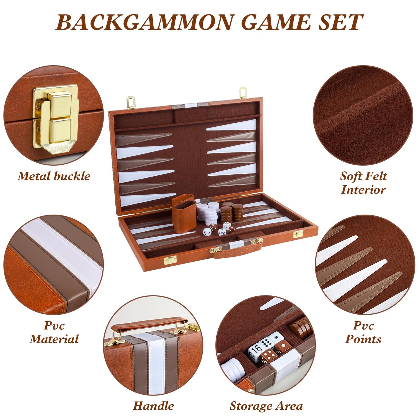 RERIVER Backgammon Set – 18-Inch Brown PU Leather Case, 2-Player Travel Board Game