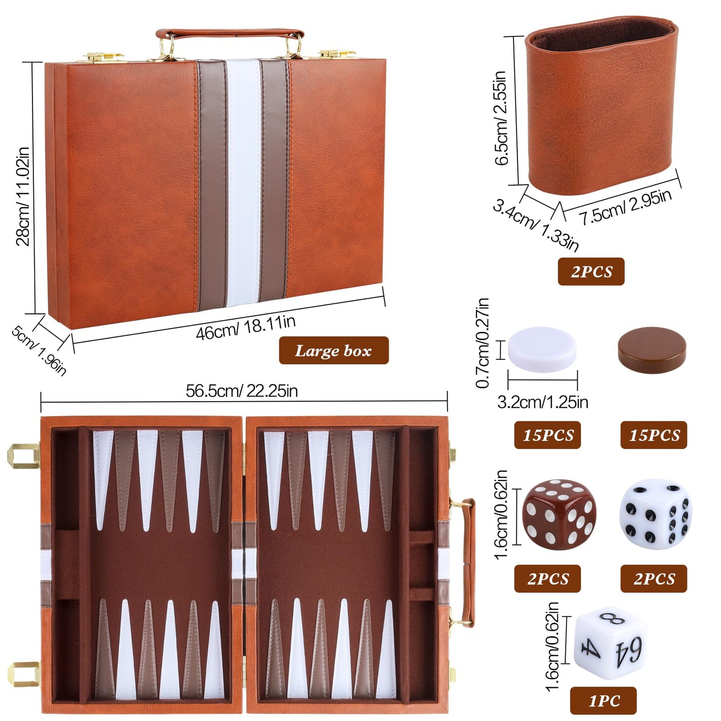 RERIVER Backgammon Set – 18-Inch Brown PU Leather Case, 2-Player Travel Board Game