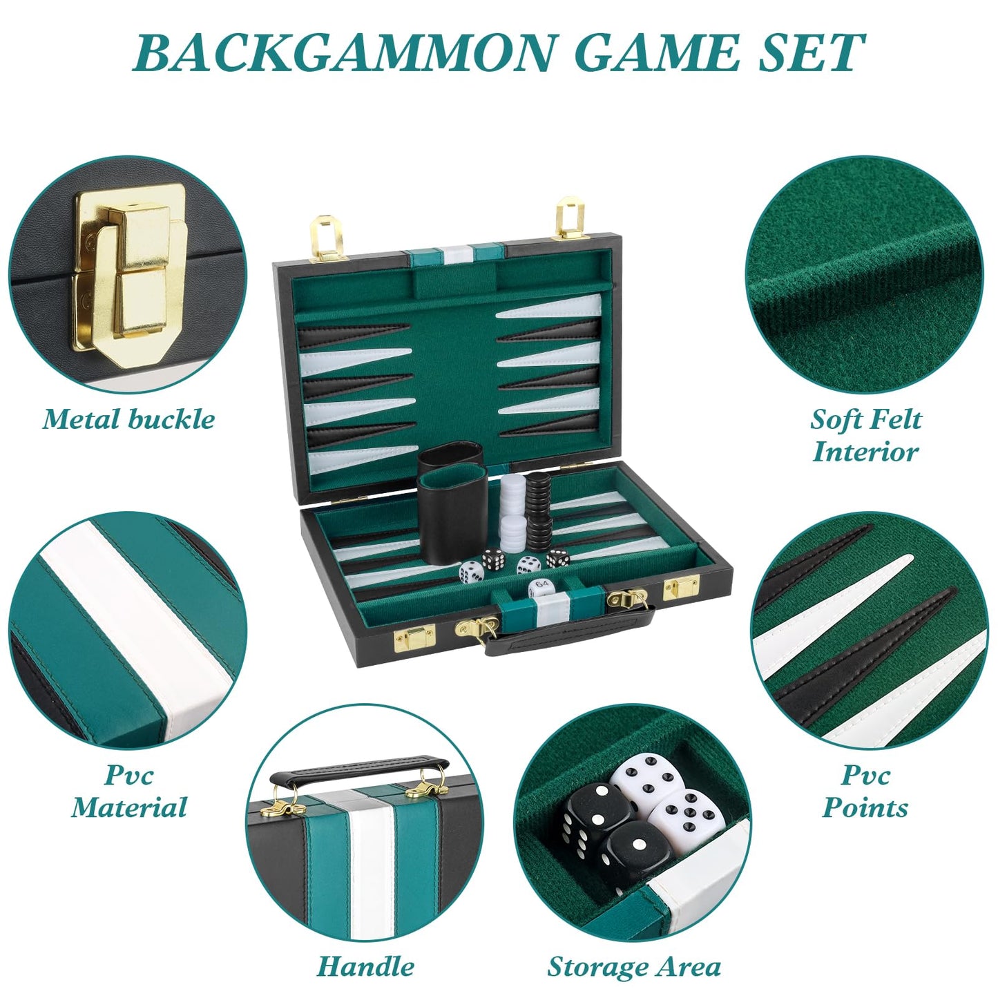 RERIVER Backgammon Set 11-Inch – Portable 2-Player Travel Board Game in Green (Black PU Case)