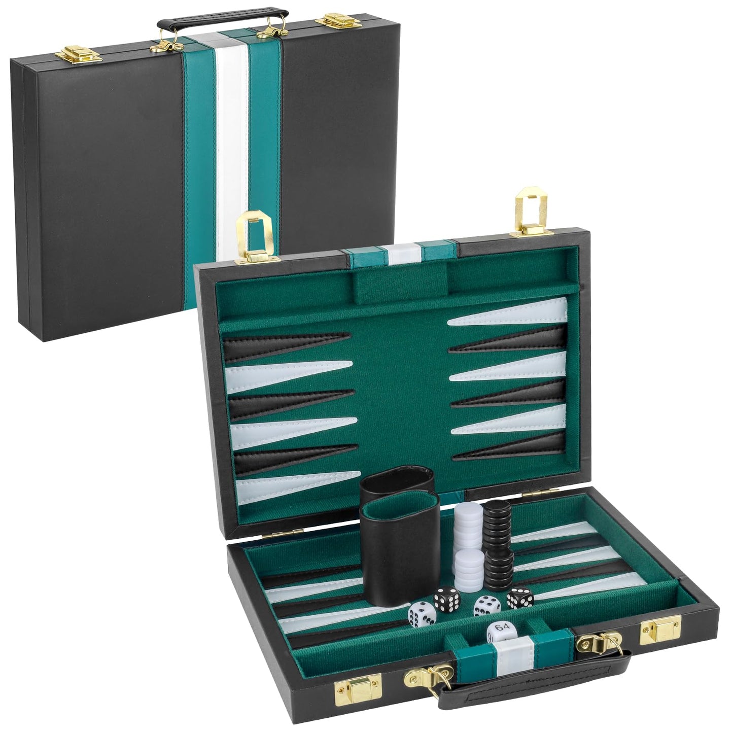 RERIVER Backgammon Set 11-Inch – Portable 2-Player Travel Board Game in Green (Black PU Case)